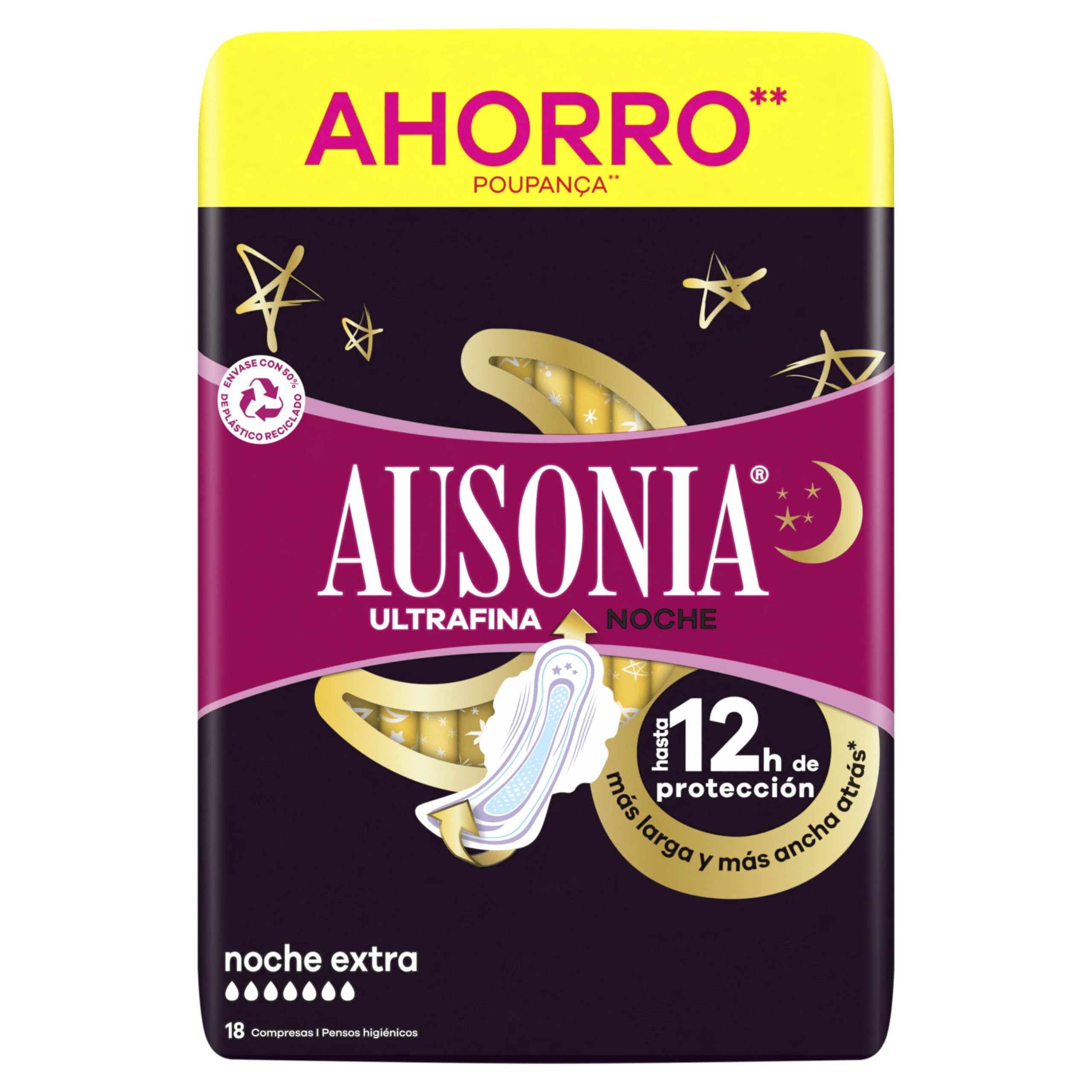 Ausonia Compresas Ultrafina Noche Extra Con Alas, 18 unidades, Doble Cobertura en la parte Delantera Y Trasera, Protección Durante La Noche