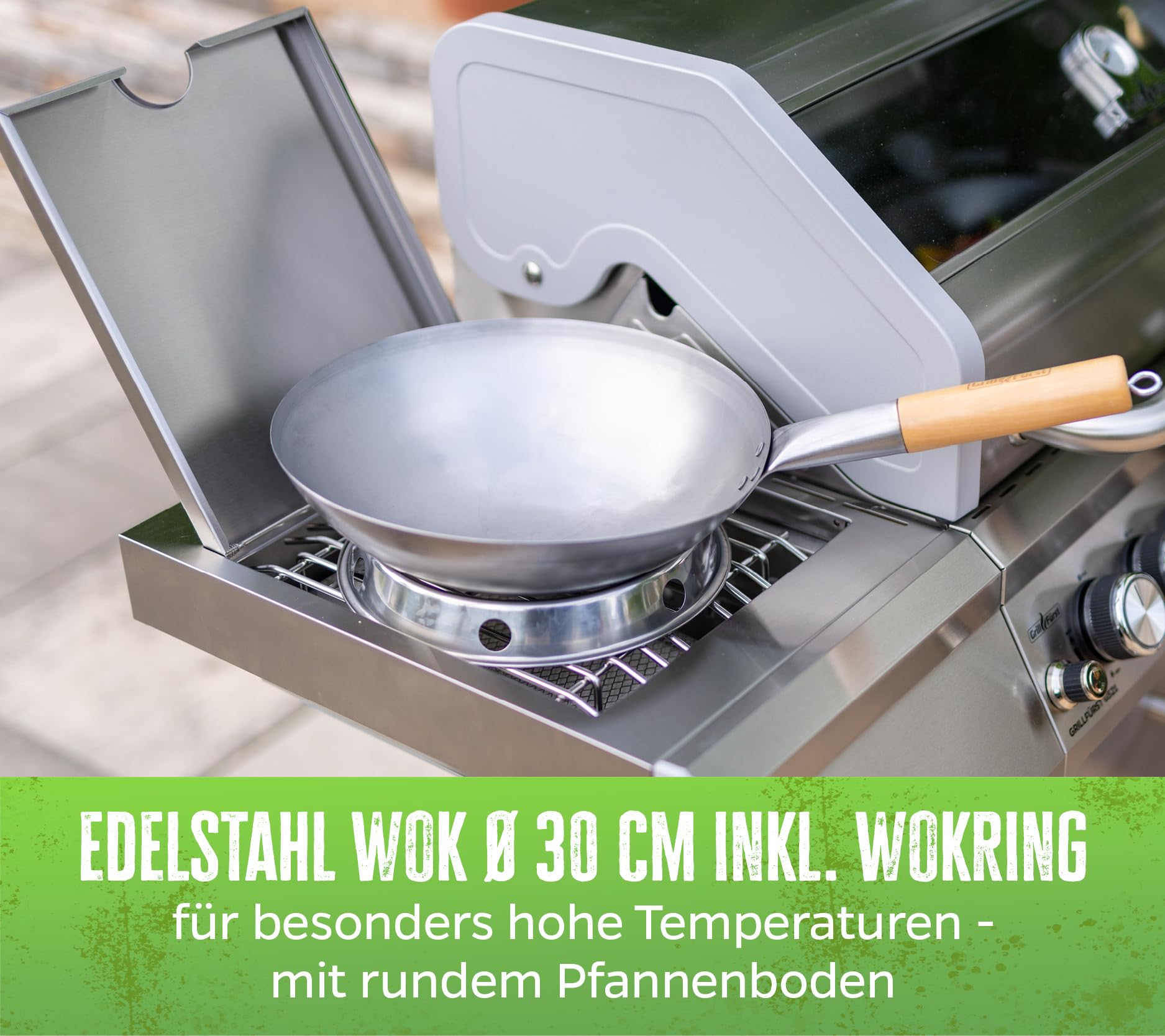Grillfürst Wok Pfanne aus Edelstahl Ø 30 cm - mit Holzgriff - Edelstahlpfanne mit rundem Pfannenboden - ideal für Seitenkocher eines Grills oder Gasherd, inkl. Wok-Ring
