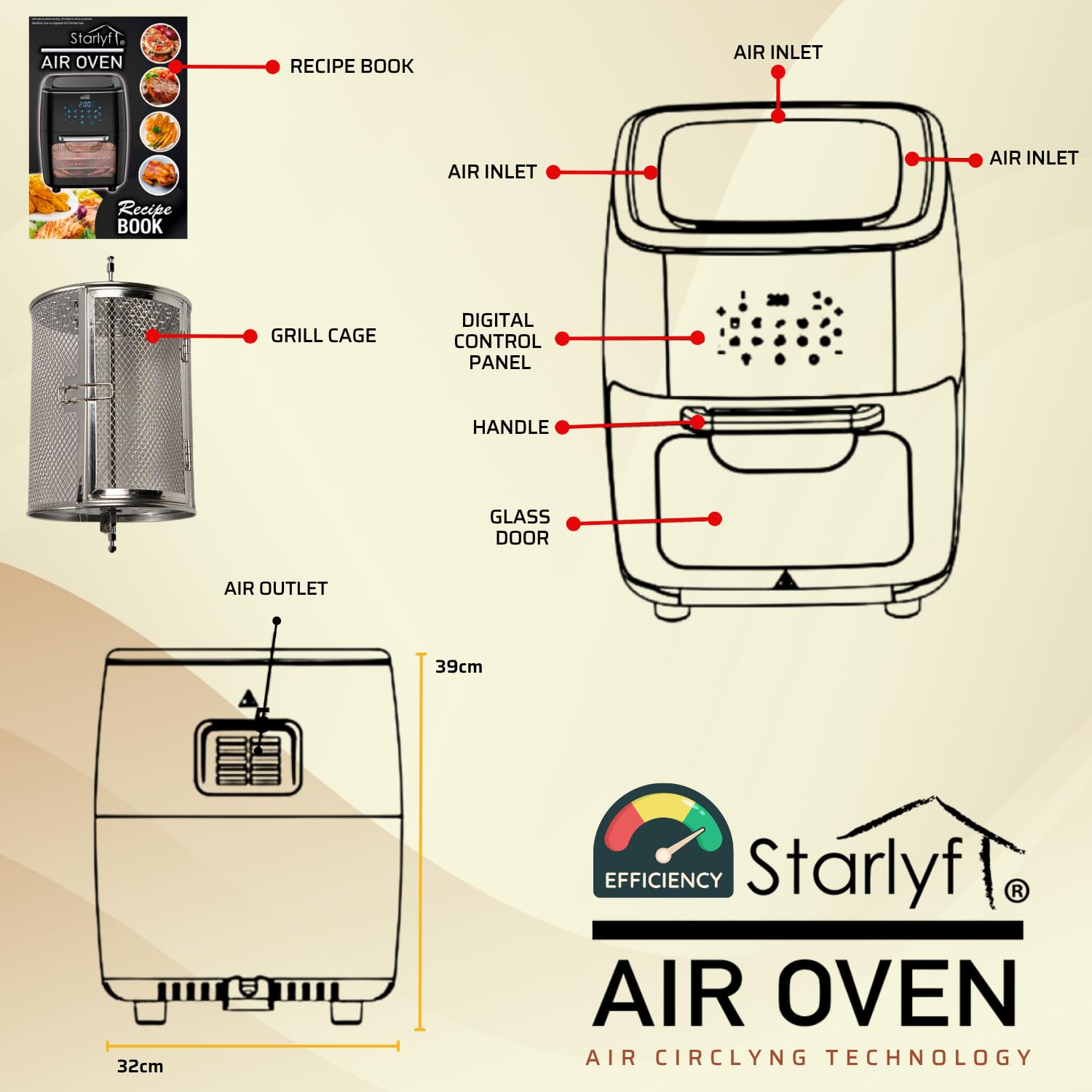 STARLYF Air Oven Freidora de Aire, Horno de Aire eléctrico, 1700W - 12L, Tecnología Air Cycling, 10 Programas, Freidora de Aire 65-200℃, Panel LED táctil, Fácil de Limpiar