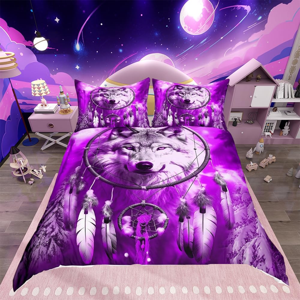 Loussiesd Dream Catcher Comforter Cover Double Tribal Feather Bedding Set Animal Wolf Pattern Decor 3 Pieces Exotic Duvet Cover Set Bohemian Bedspread Cover with 2 Pillowcase Hidden Zipper Purple