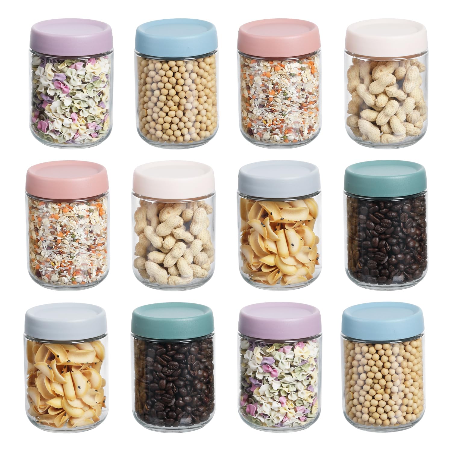 Hafergläser, 473 ml, Hafer-Vorratsbehälter mit luftdichtem Deckel, große Kapazität, breite Öffnung, Salatgläser für Lebensmittel, Zucker, Joghurt, Gemüse, Obst (12 Stück Kunststoffdeckel)