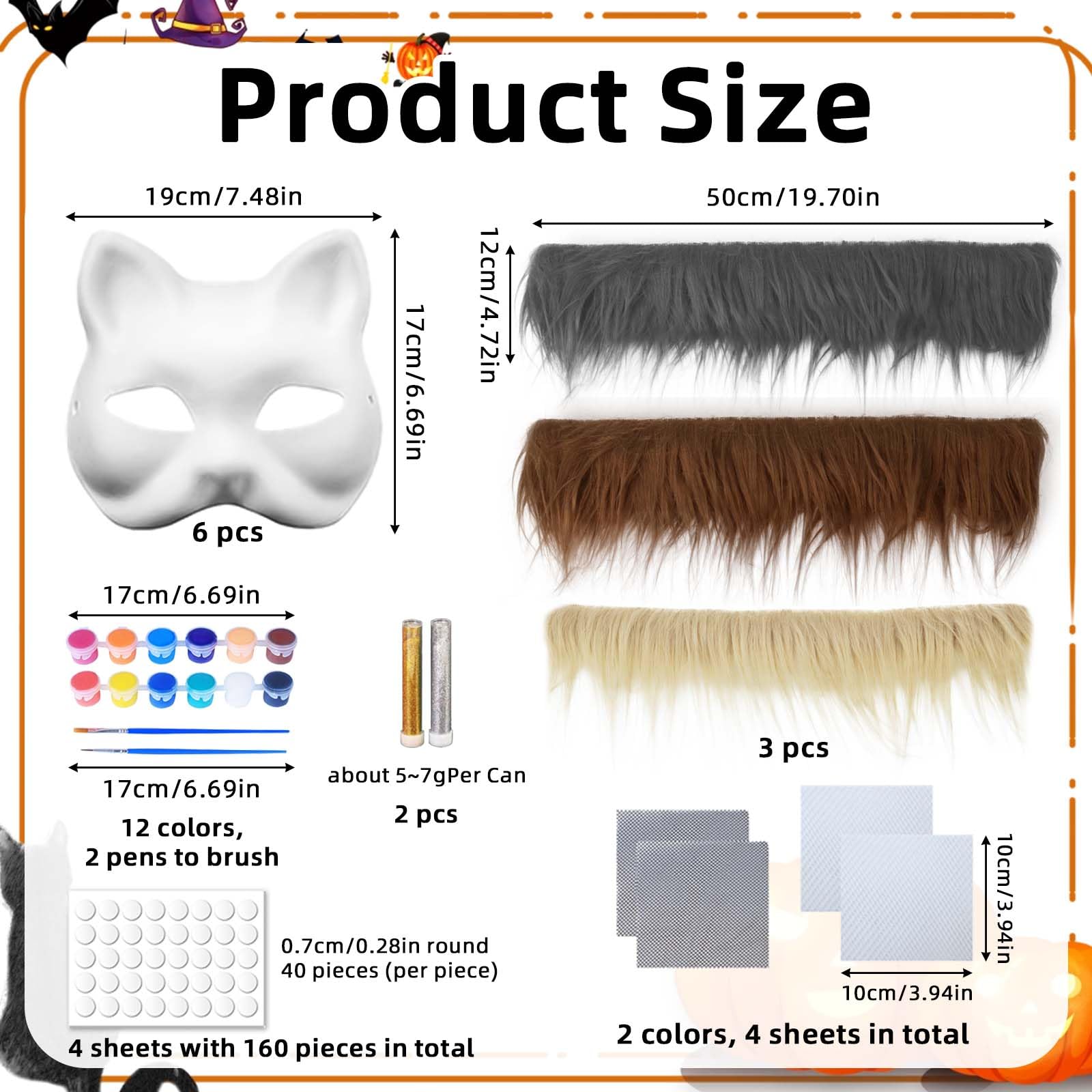 Masque Chat en Papier Blanc 6 Pièces Kit Complet DIY Peinture et Décoration avec Paillettes Fourrure Artificielle et Accessoires Créatifs Taille Universelle Pour Fête Anniversaire Carnaval