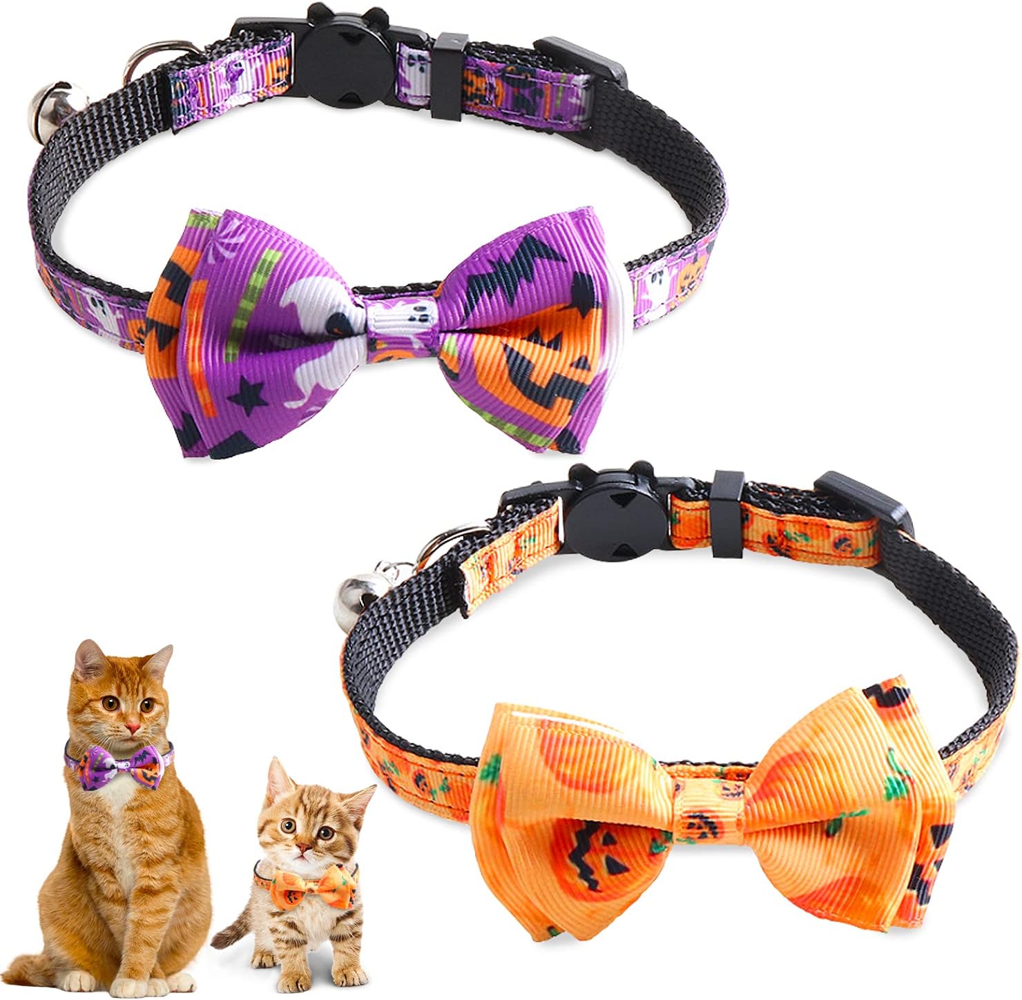 2 Pcs Halloween Cat Collars, Adjustsable Cat Breakaway Collars Bats Pumpkin Ghost Kitten Collar with Bowtie & Bells Cat Bow tie Collar…
