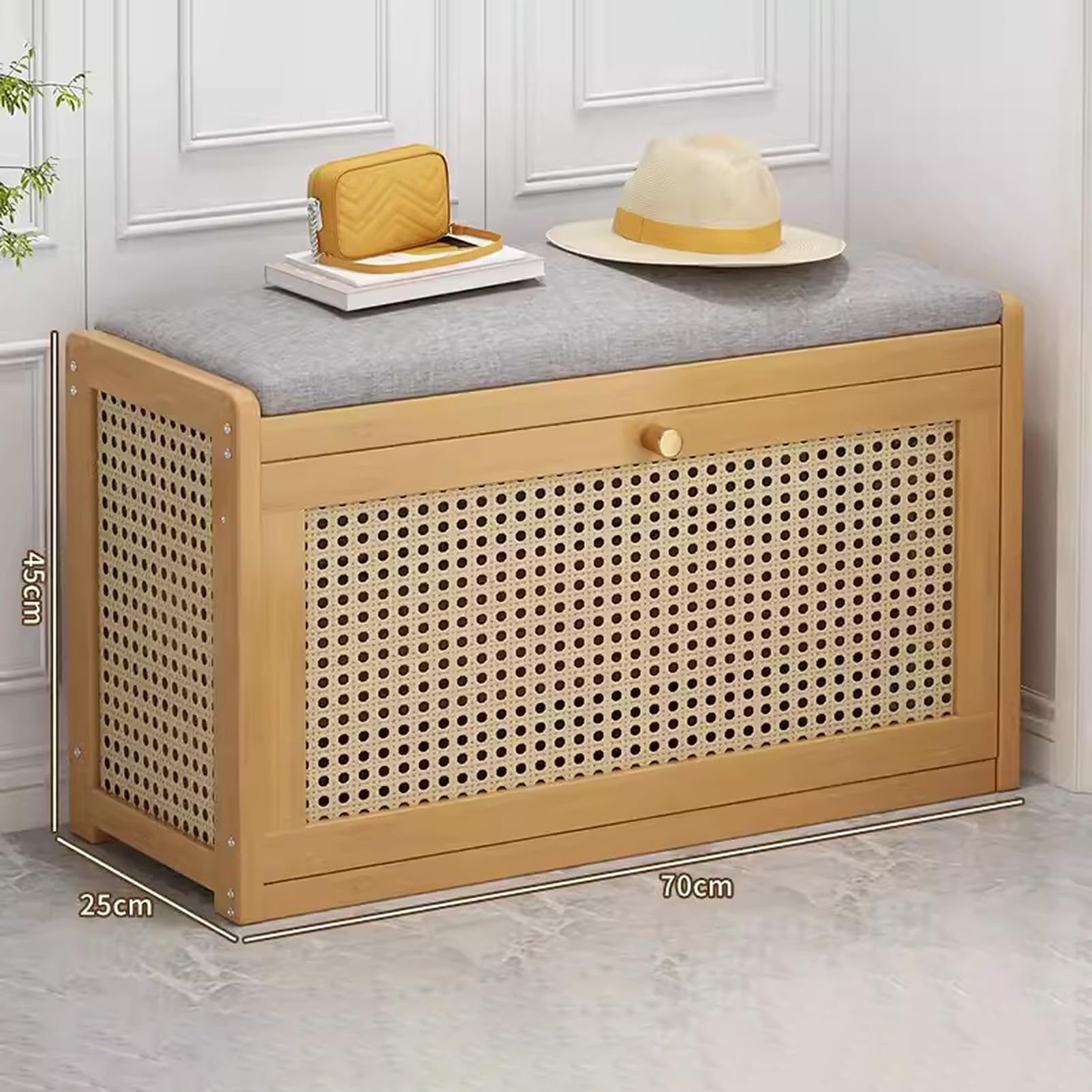 Zapatero de madera con cojines de lino, entrada de 2 niveles para pasillo, elegante solución de almacenamiento para zapatos y accesorios