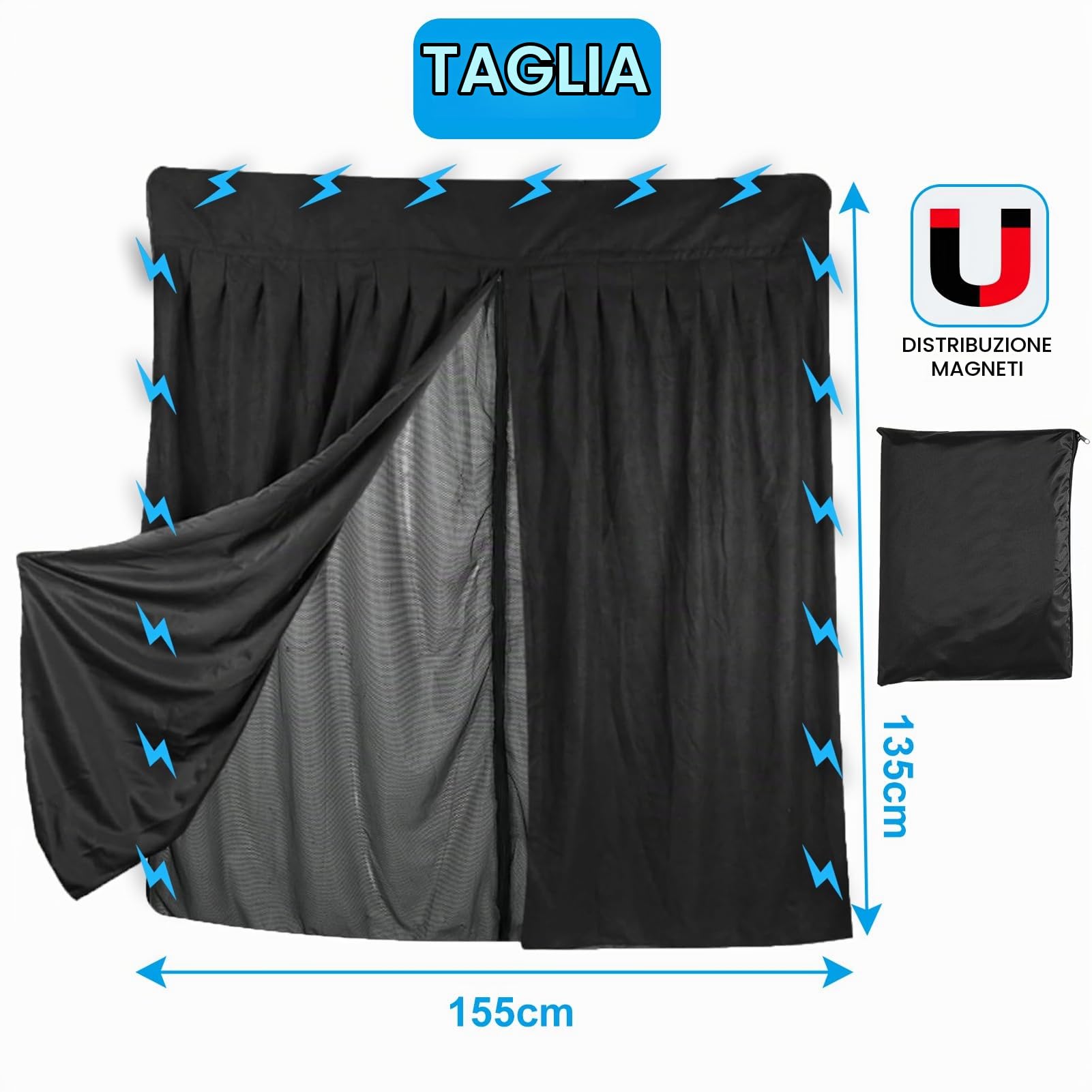 Zanzariera Magnetica In Rete per Auto a Due Strati, 155 x 135 cm, Nero, Tessuto, Nylon, Universale, Compatibile con Furgone, Camper, Automobile, Camion