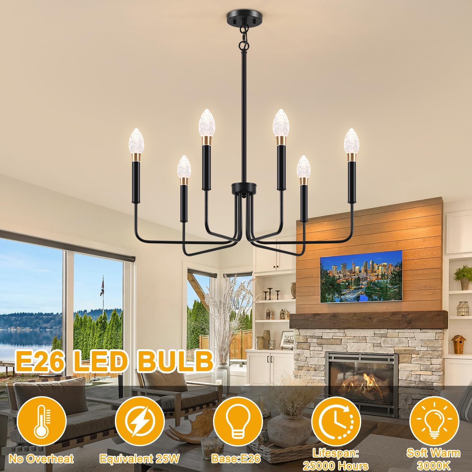 Black Pendant Light, 6-Light Crystal Pendant Light, Dining Room Lighting Pendant Light, Porch Lighting Fixture, for Industrial Modern Pendant Lights in bedrooms (Teardrop, 3000K)