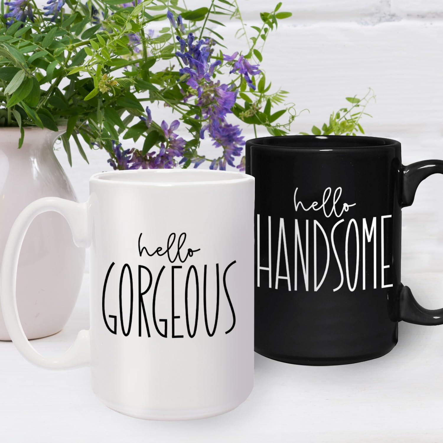 Hello Handsome Hello Gorgeous Mugs / 2 Jumbo 15 Ounce Black And White Matching Husband Wife Ceramic Mugs / Newlywed Couples Wedding Coffee Cup Present Set / Relationship Anniversary Cup Pair