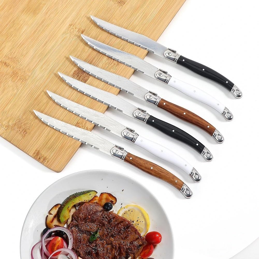 Steak Knife Set, 6 Pcs Steak Knives Damascus Laser Pattern Stainless Steel Sharp Blade Knife Luxurious Dinner Serving Sets Table Knives(Mixed colors)
