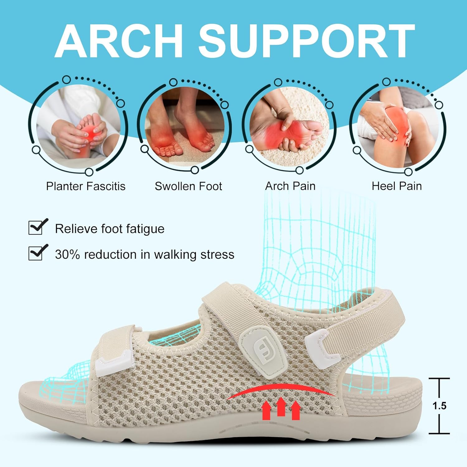 JOINFREE Womens Orthopedic Walking Hiking Sandals Adjustable Open Toe Sports Water Sandals with Plantar Fasciitis Arch Support Thick Athletic Cushion Outdoor Beach Sandals - Image 2