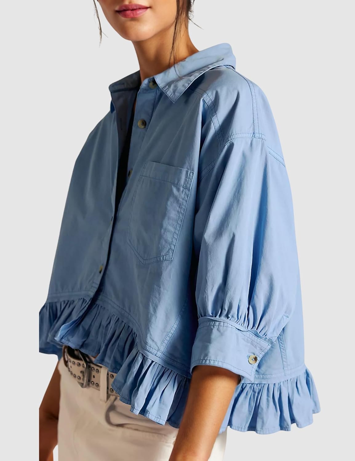 InterNos Womens Striped 3/4 Sleeve Blouse Loose V Neck Button Down Ruffled Hem Vertical Shirt Top with Pocket - Image 6