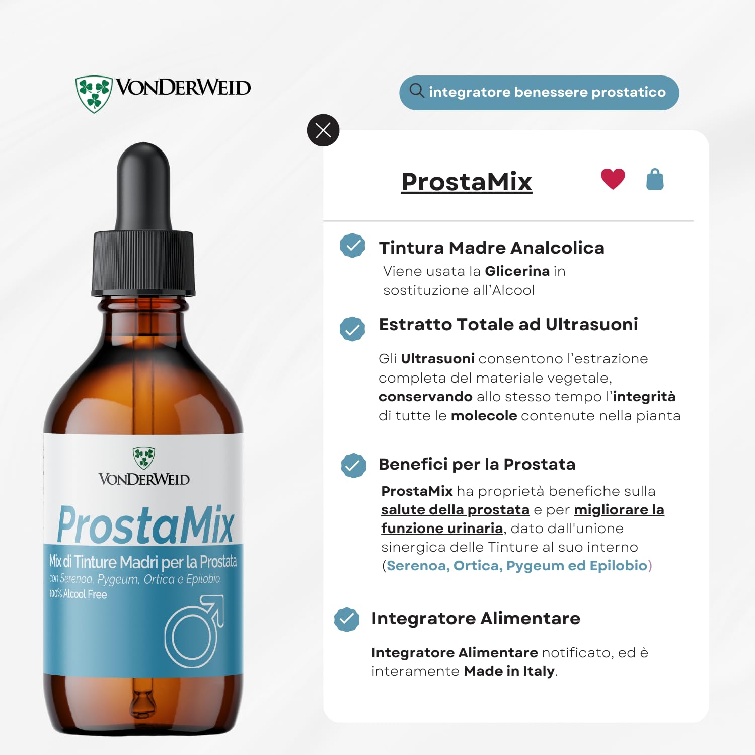 ProstaMix | Mix Tinture Madri con Serenoa Repens + Pygeum Africanum + Ortica + Epilobio | Integratore Prostata Uomo | Estratto Totale ad Ultrasuoni | Analcolico, Vegan | 100 ml