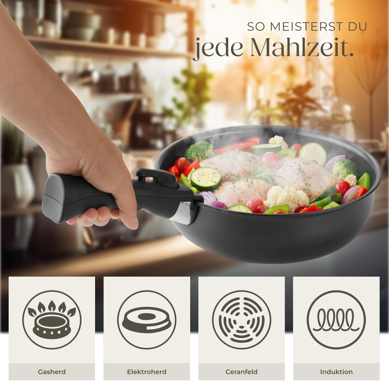 tectake® 17-teiliges Kochtopf Set, antihaftbeschichtets Topfset Induktion, Töpfe + Pfannen Set, 2x Topf + 3x Bratpfanne inkl. Glasdeckeln mit Dampfabzug, 2 Silikonabdeckungen, Induktions Töpfe Set,