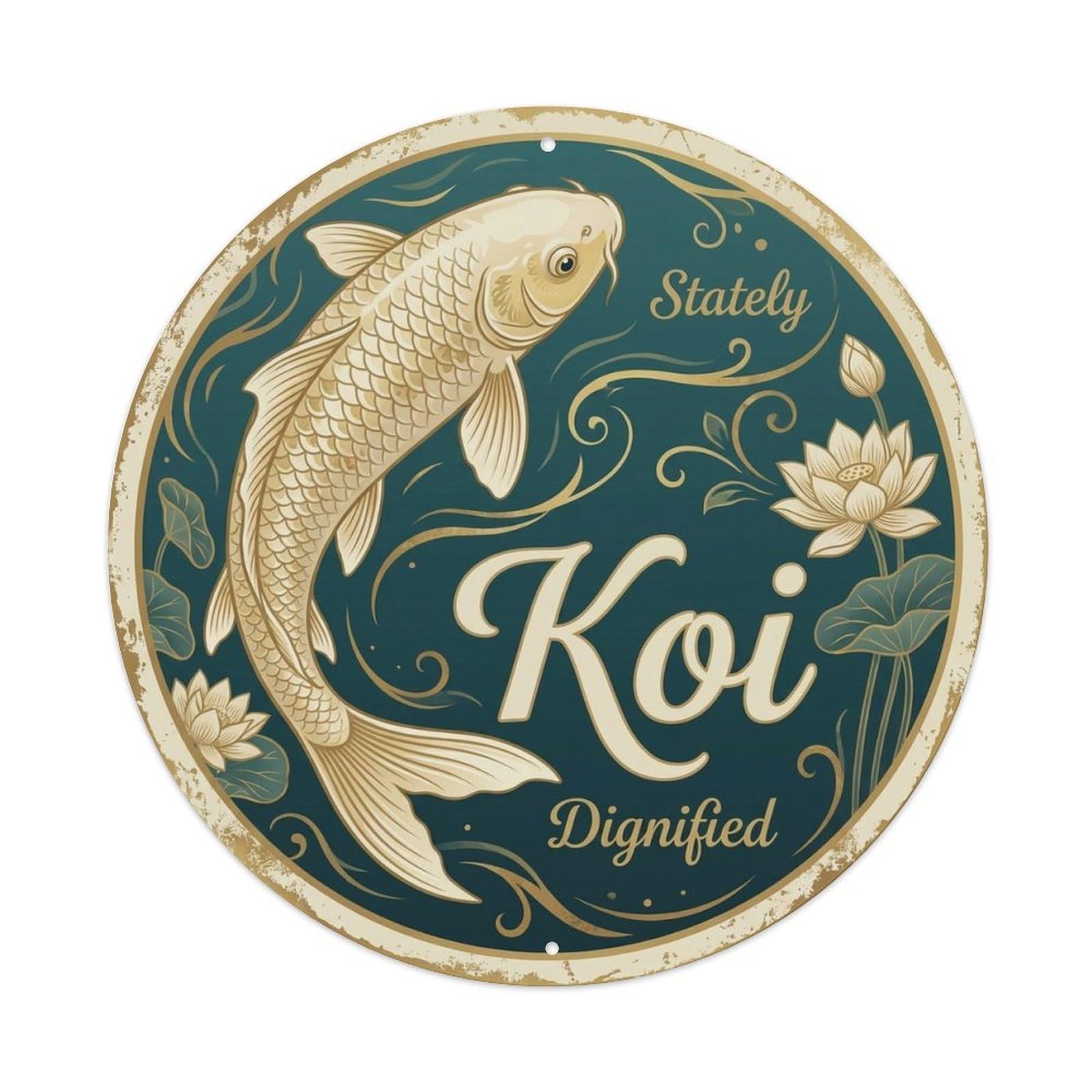 Prosperity Koi Stately Lucky Symbol Classic Metal Tin Sign Plaque Wall Decor for Cafe, Man Cave, Club Bar, Office, Home Garden Round Metal Poster 8x8Inch