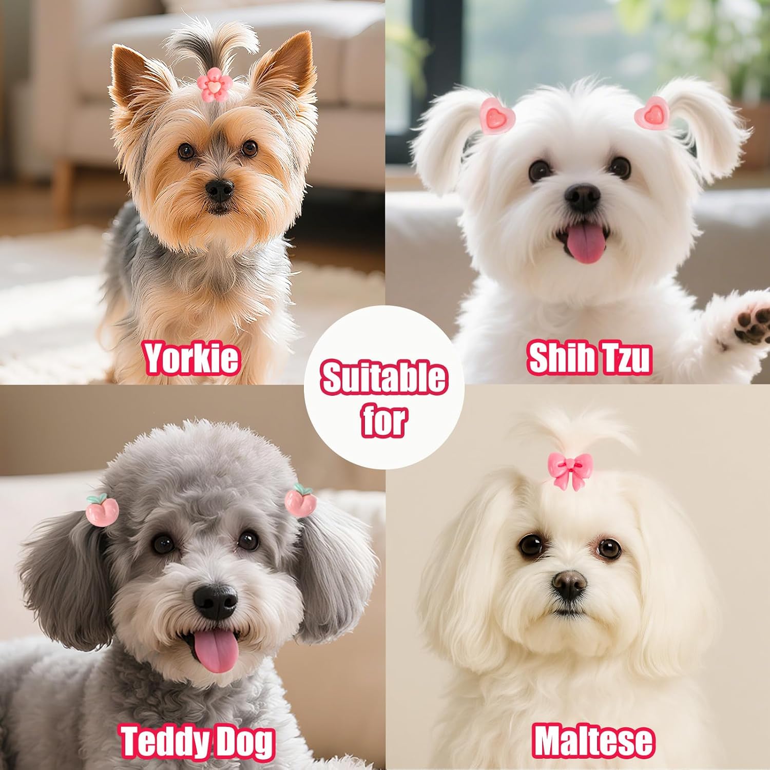 20 Pcs Dog Hair Ties with Elastic Bands, Roses with Flowers Bows Cherries Assorted Styles Cute Puppy Hair Accessories for Small Dogs Girls Daily Care and Hairstyle 7