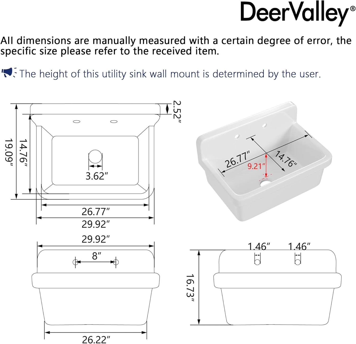 DeerValley Wall Mount Utility Sink 30 Inch, White Laundry Sink, Heavy Duty Porcelain Ceramic High Back Farmhouse Sink for Garage, Kitchen, Bathroom, Dual Installation, Scratch-Resistant