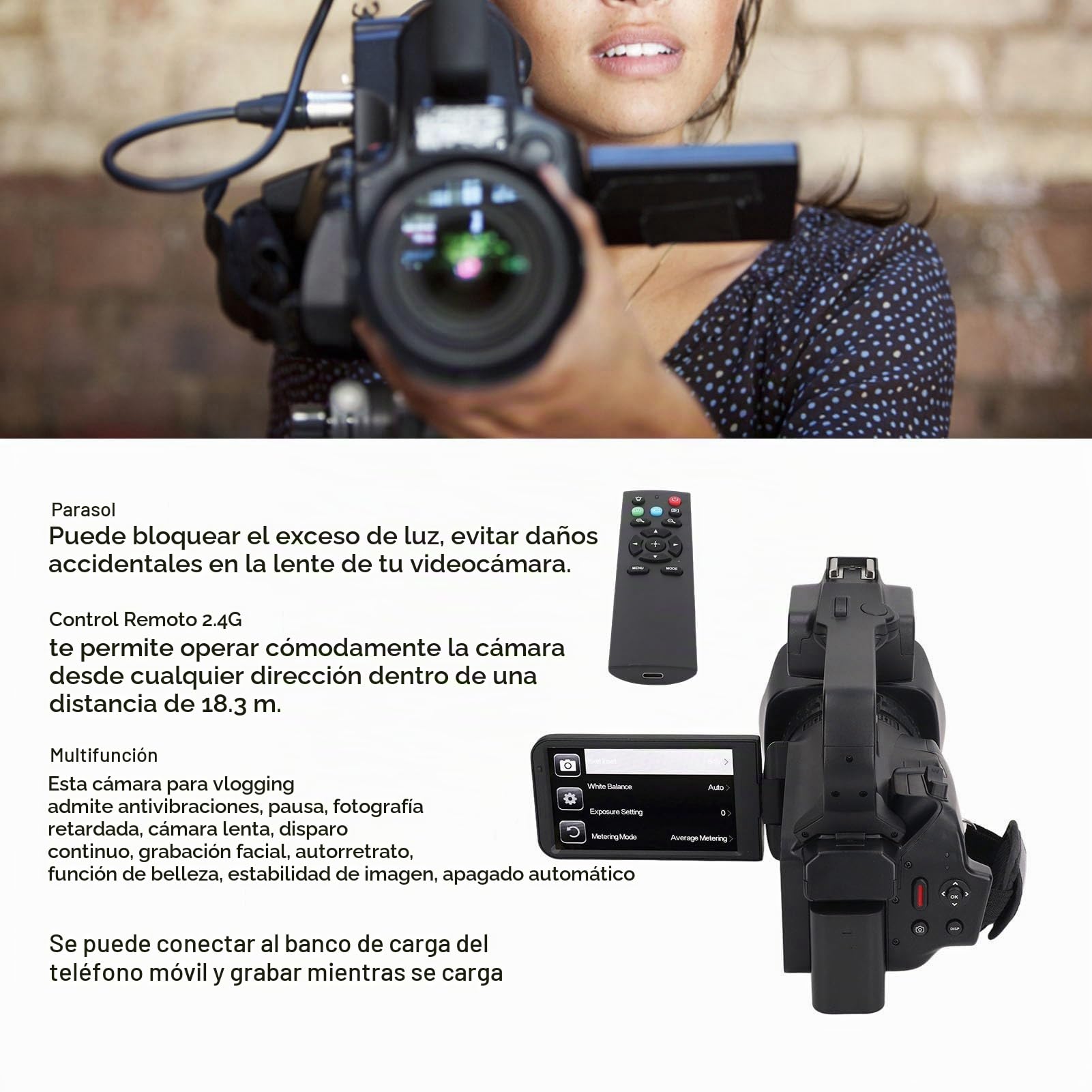 Videocámara Con Cámara De Video 4K Ultra HD, Zoom Digital De 18X, Pantalla Táctil IPS De 3,0 Pulgadas, WiFi 2.4G, Grabadora De Video Vlogging, Con Micrófono, Estabilizador De Mano Y Control Remoto