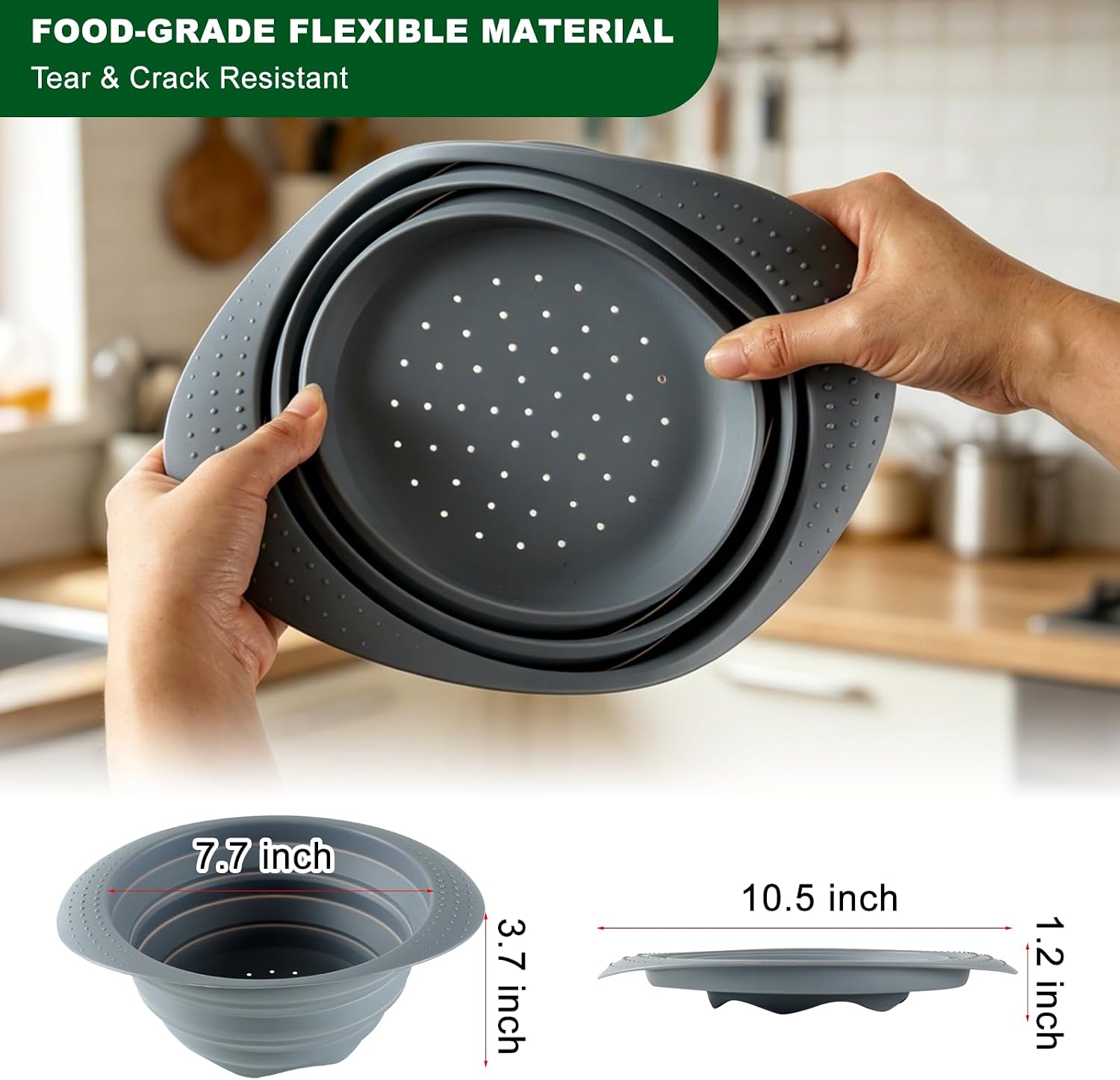 Collapsible Silicone Colander with Handle, 10.5-Inch Large Capacity Foldable Strainer for Vegetables, Pasta, Fruits - Heat Resistant up to 212°F, Non-Slip Base, Space-Saving Kitchen Tool-2pack