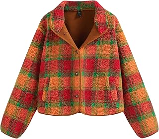 Womens Plaid Fleece Jacket Button Down Sherpa Coat Cropped Top