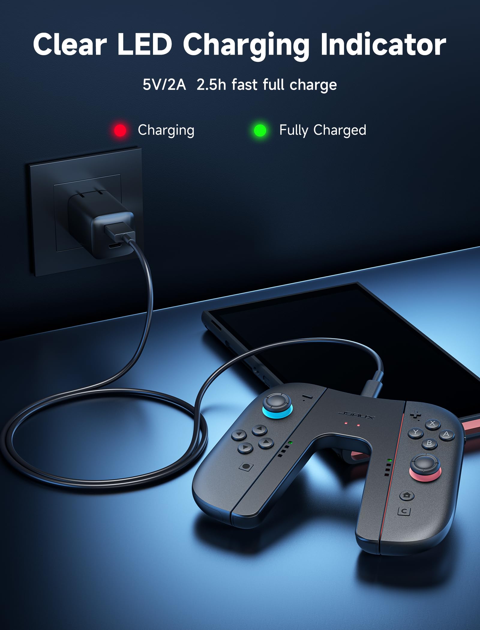 JSAUX Agarre de Carga para Switch 2, Controlador con Agarre Magnético Compatible con JoyCon de Switch 2, Juega Mientras Cargas con Indicador LED y Cable de Carga de 1.5m/4.9ft - Negro