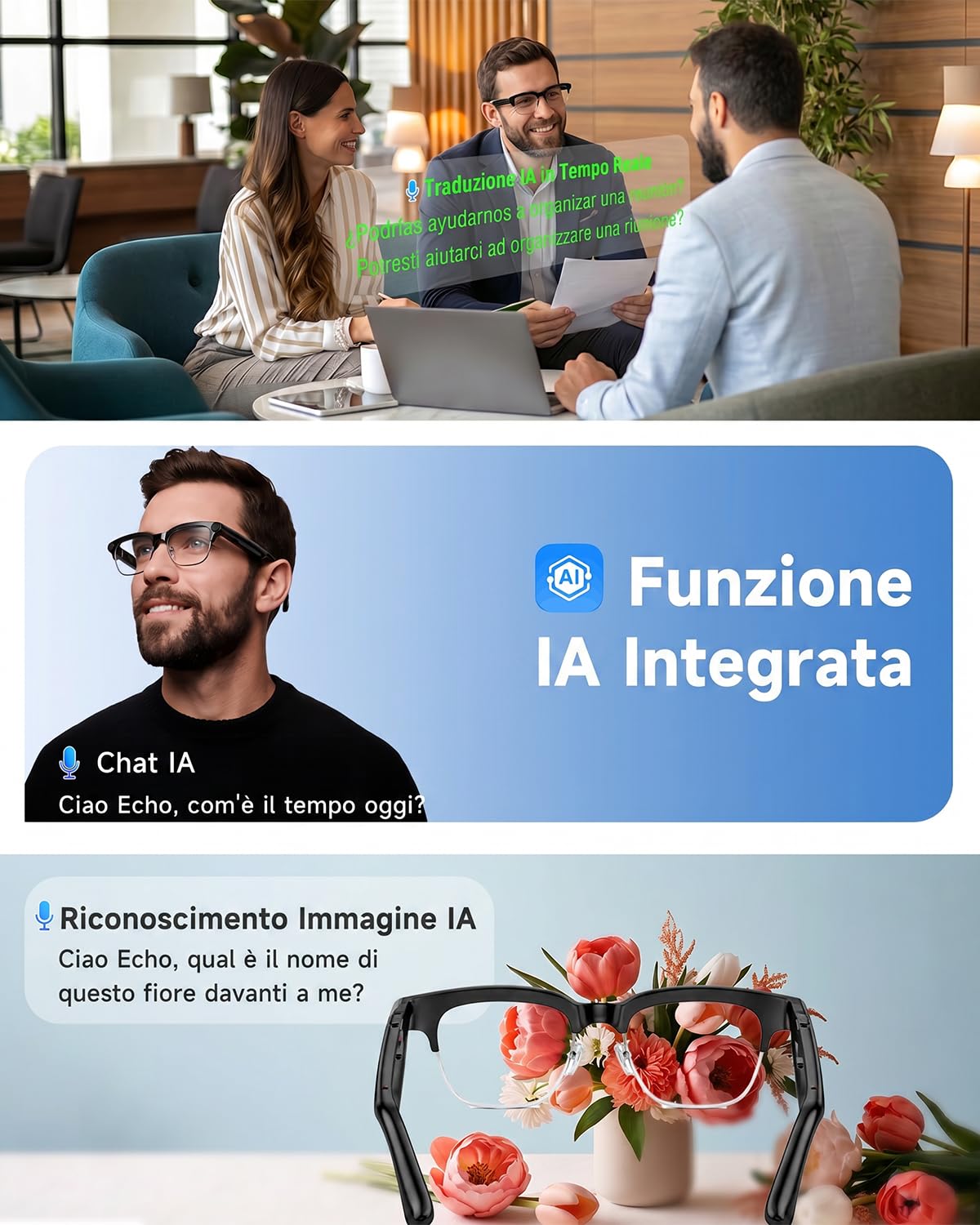 TOOBUR Occhiali intelligenti AI con fotocamera 8MP, video HD 1080P anti-shake, traduzione in tempo reale e assistente vocale, chiamate Bluetooth e audio open-ear per vlogging, viaggi e riunioni