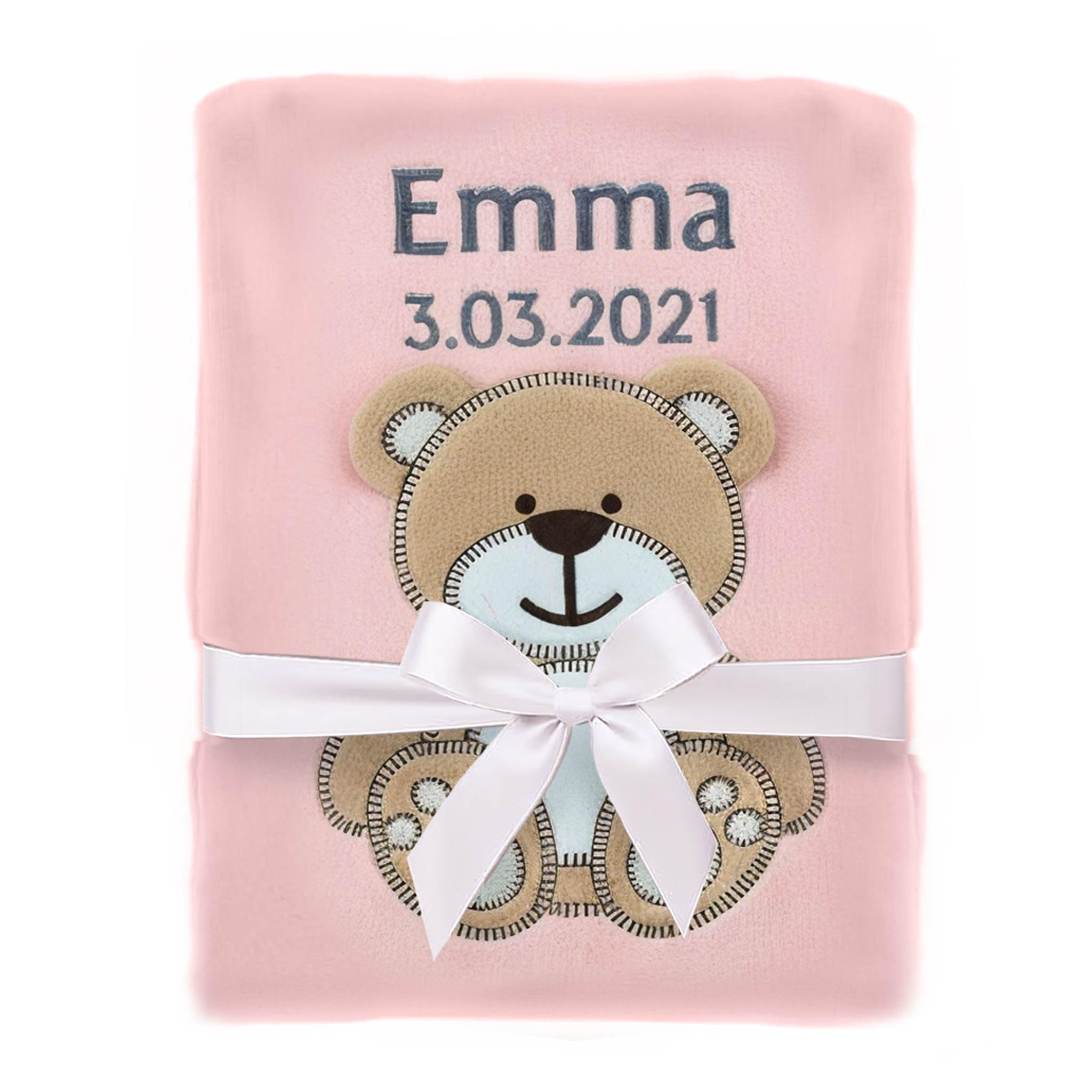 cozy racoon Babydecke Bestickt mit Namen und Geburtsdatum | Weiche Kuscheldecke für Baby Jungen und Mädchen I Personalisiertes Geschenk zur Taufe, Geburt oder als Erstausstattung I Rosa Decke mit Bär