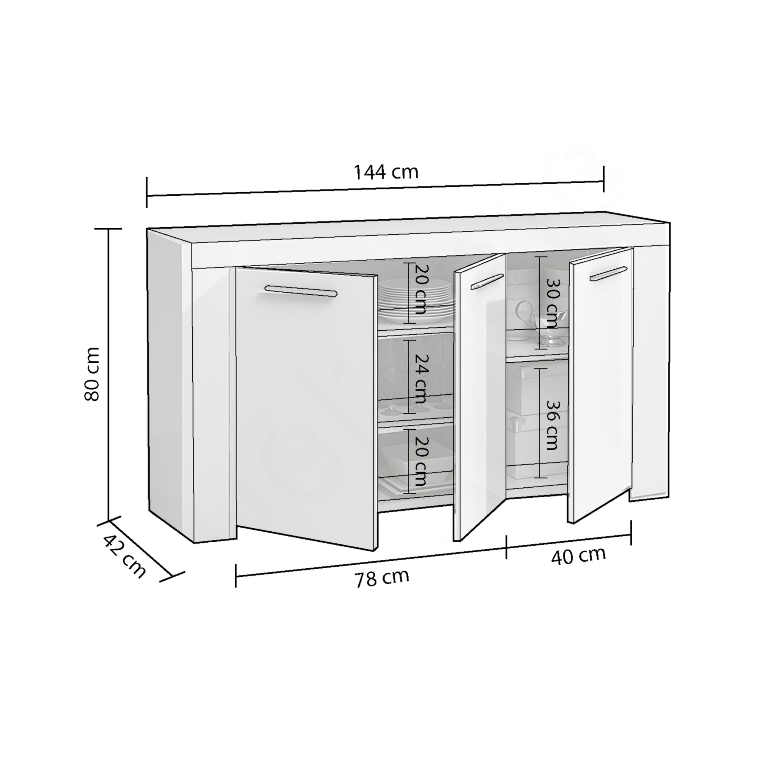 duehome | Aparador, Buffet Moderno, Armario Auxiliar Comedor, Modelo Dara, Color Blanco Artik y Gris Cemento, Medidas: 144 cm (Largo) x 42 cm (Fondo) x 80 cm (Alto)