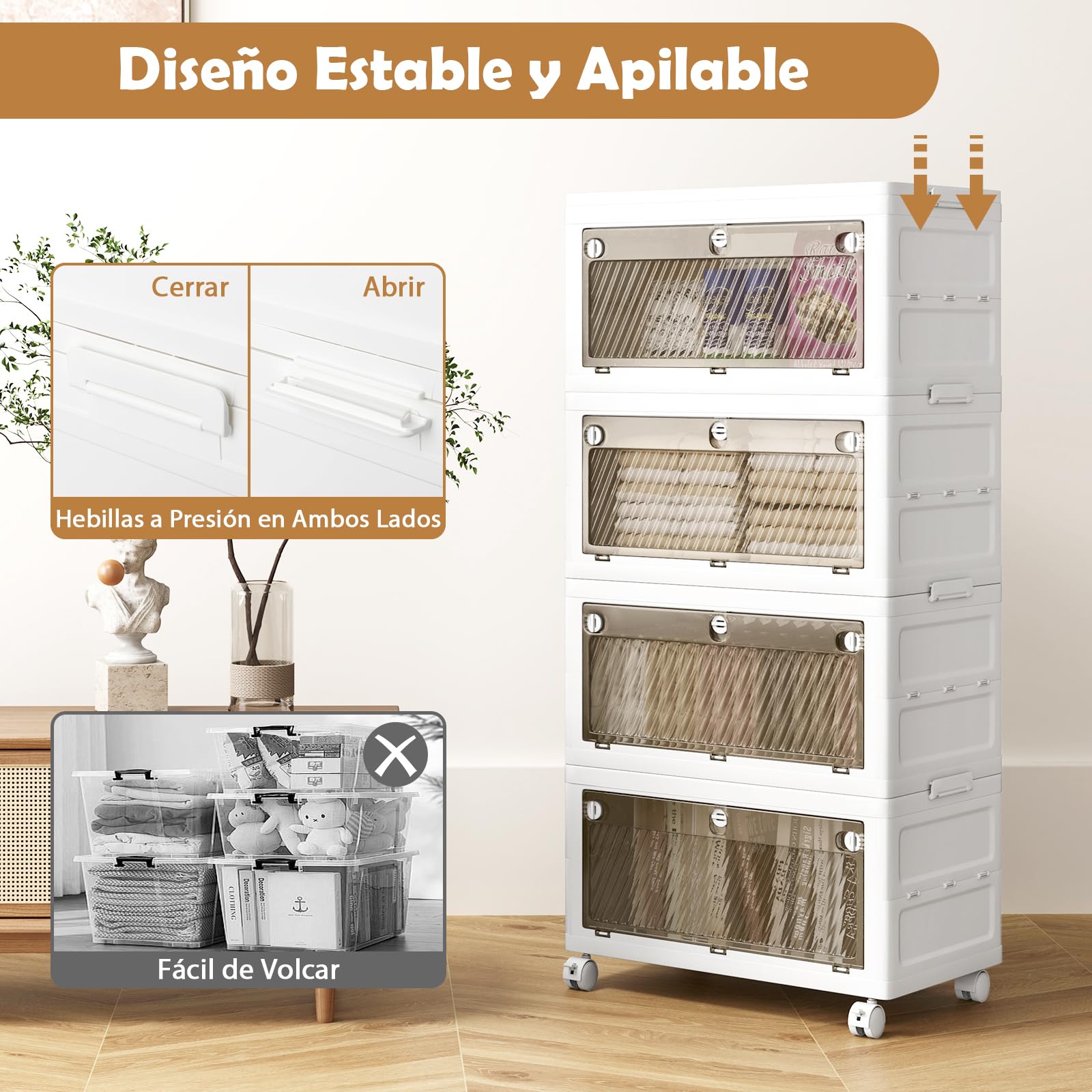 GOPLUS Caja de Almacenamiento Plegable con Tapa 126 L/168 L, Cajones de 3 Vías de Apertura, Organizador Apilable con Ruedas para Dormitorio Guardarropa, Almacenaje para Ropa Zapatos (4 Niveles)