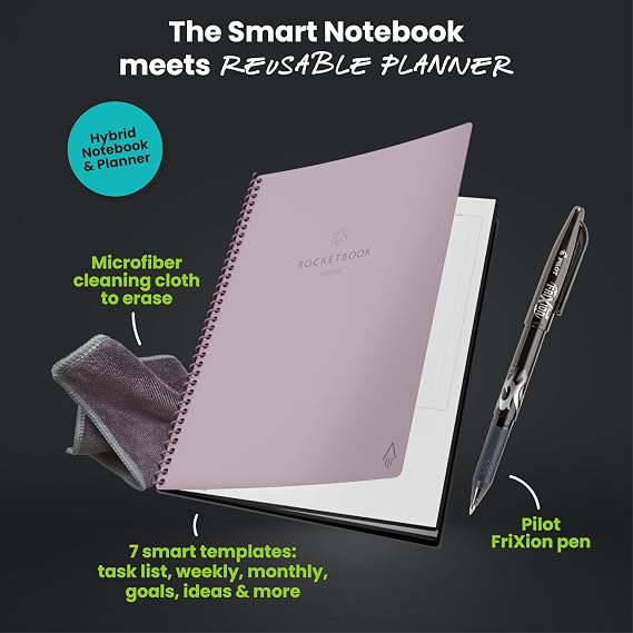 Rocketbook Planner & Notebook, Fusion : Reusable Smart Planner & Notebook | Improve Productivity with Digitally Connected Notebook Planner | Dotted, 8.5 x 11, 42 Pg, Pink