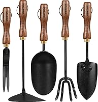 ROYTOA 5PCS Stainless Steel Garden Tool Set with Ergonomic Walnut Handles - Heavy Duty Cultivator, Hoe, Shovel, Trowel, Weeder for Women Gardeners