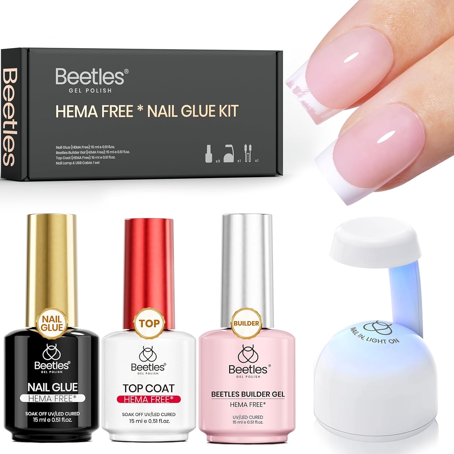 Beetles 4Pcs 15ml HEMA-Free Nail Tips Glue Kit with Builder Nail Gel, No Wipe Top Coat & Portable Nail Lamp, All-in-One Nail Extension Kit for Press on Nails False Nail Tips, DIY Salon Nails at Home