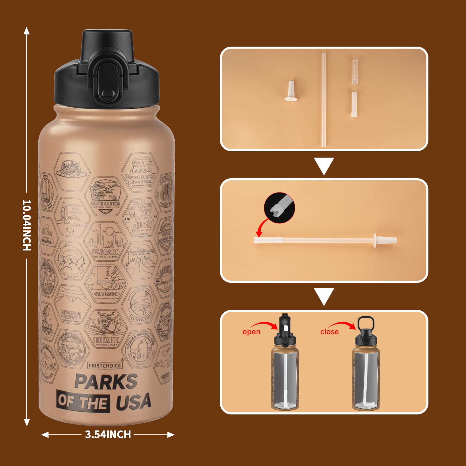 National Parks Insulated Water Bottle 32oz - Stainless Steel, Leak-Proof, With Stickers & Straw, Keeps Drinks Hot/Cold - View #7