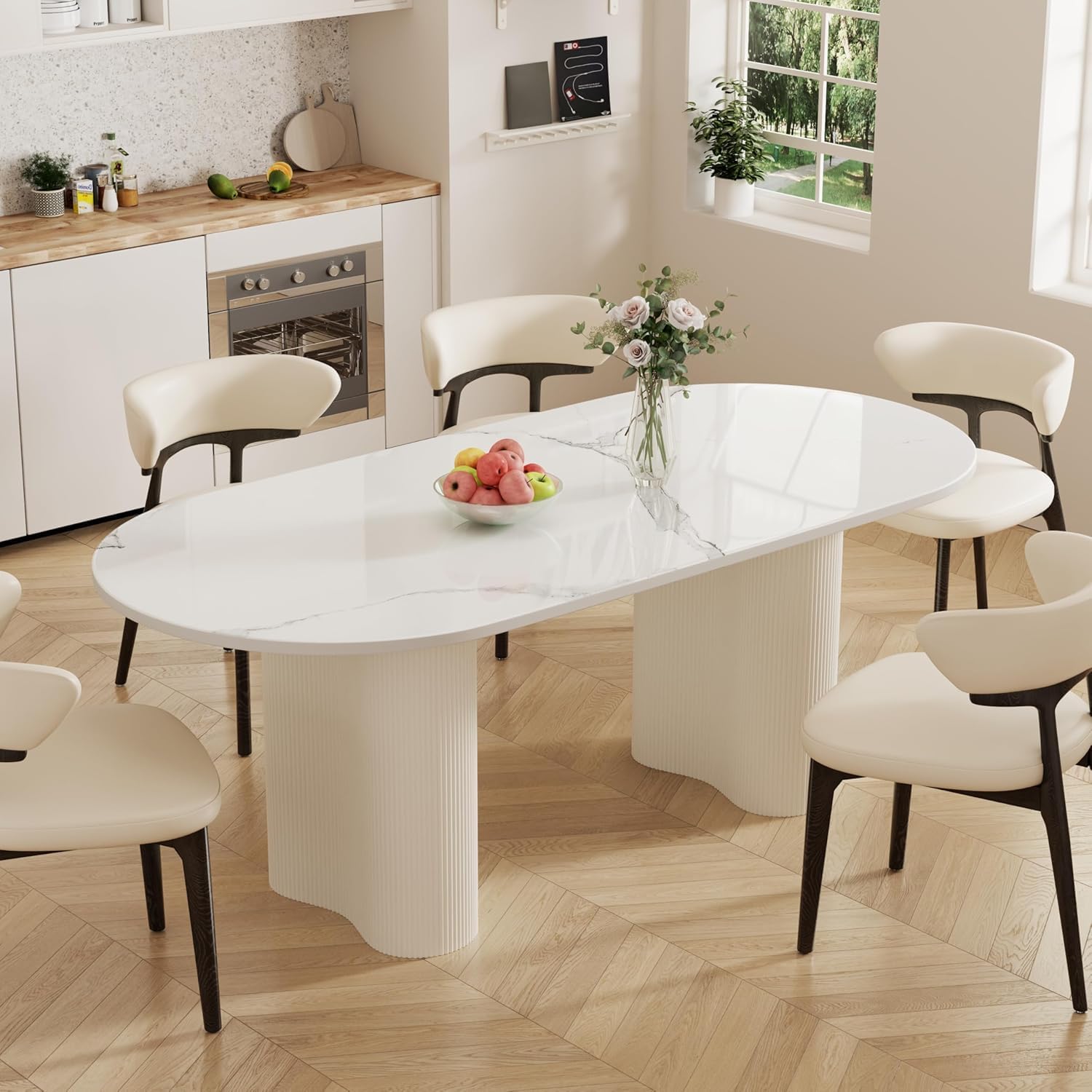 71″ Modern Oval Dining Table for 6: Glossy White Sintered