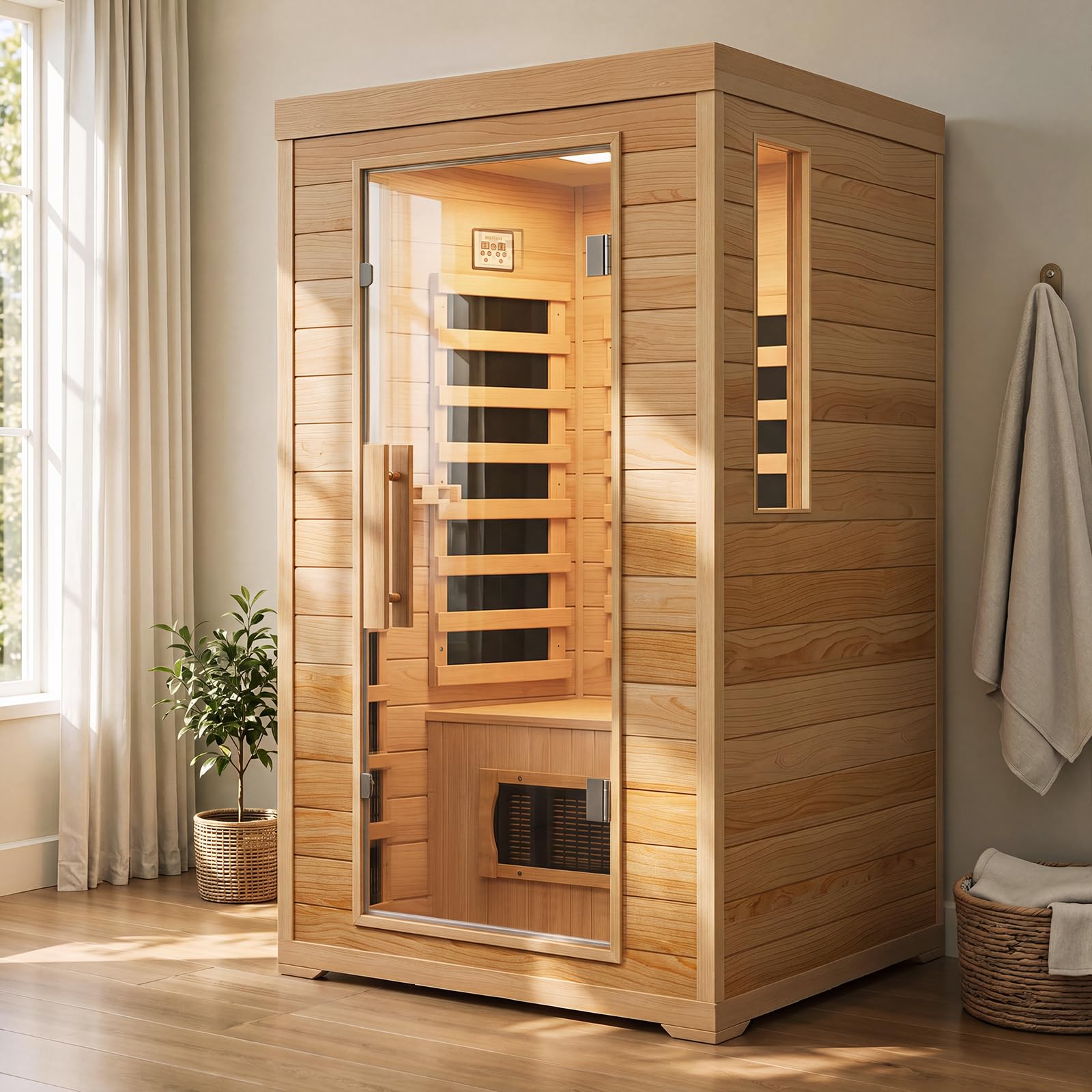 2 Person Full Spectrum Infrared Sauna, Home Sauna with Red Light, Bluetooth | Wood Low EM…