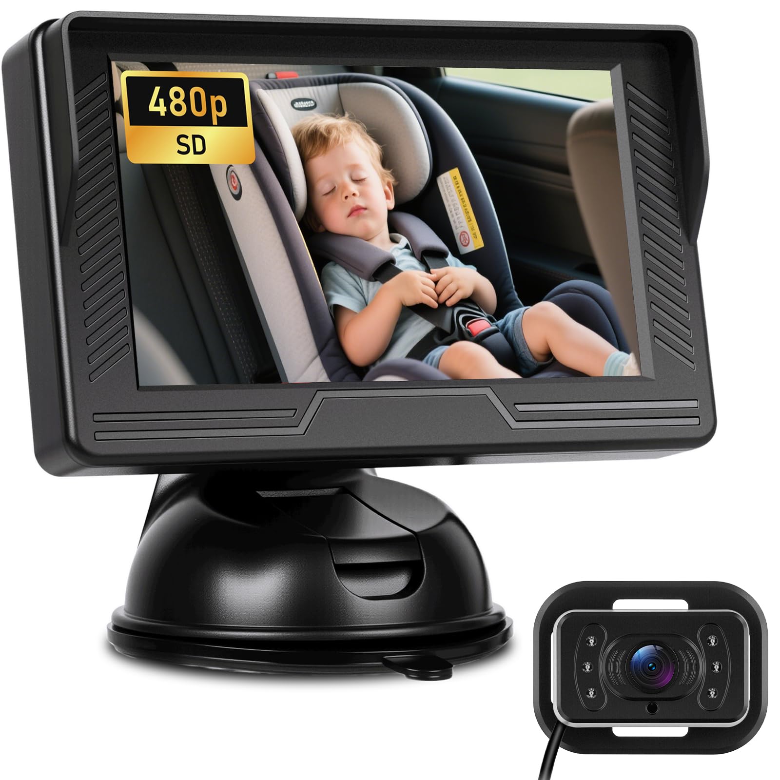NHOPEEW 480P Cámara de Coche para bebés - Monitor de Coche de 4,3 Pulgadas con Cámara de Visión Nocturna, Ángulo Amplio Ajustable 360°, Instalación Fácil