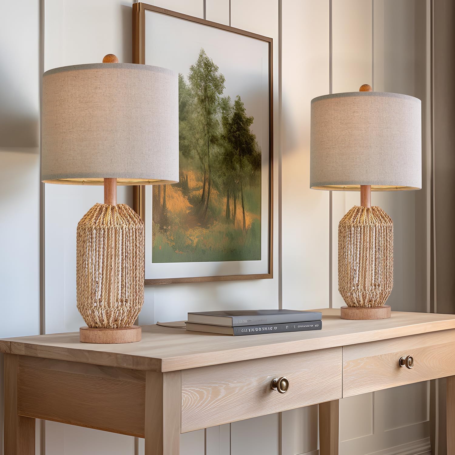 OYEARS 21" Boho Table Lamps Set of 2 for Living Room, Bedside Lamps for Nightstand, Rattan Lamp for Bedroom, Farmhouse Table Lamps for Boho Decor, End