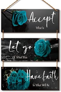 3 Pcs Wooden Teal Flower Wall Art - Teal Rose Wall Decor With Inspirational Quotes - For Women, Office, Living Room, Bedroom (10 x 4 Inch)