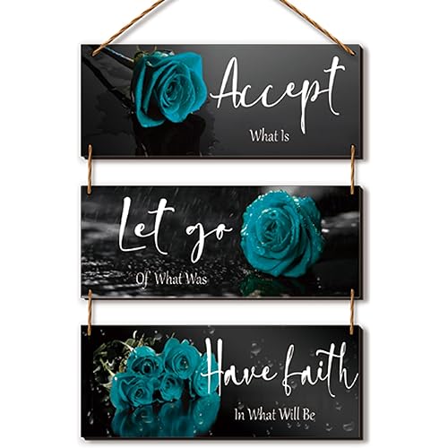 3 Pcs Wooden Teal Flower Wall Art - Teal Rose Wall Decor With Inspirational Quotes - For Women, Office, Living Room, Bedroom (10 x 4 Inch)