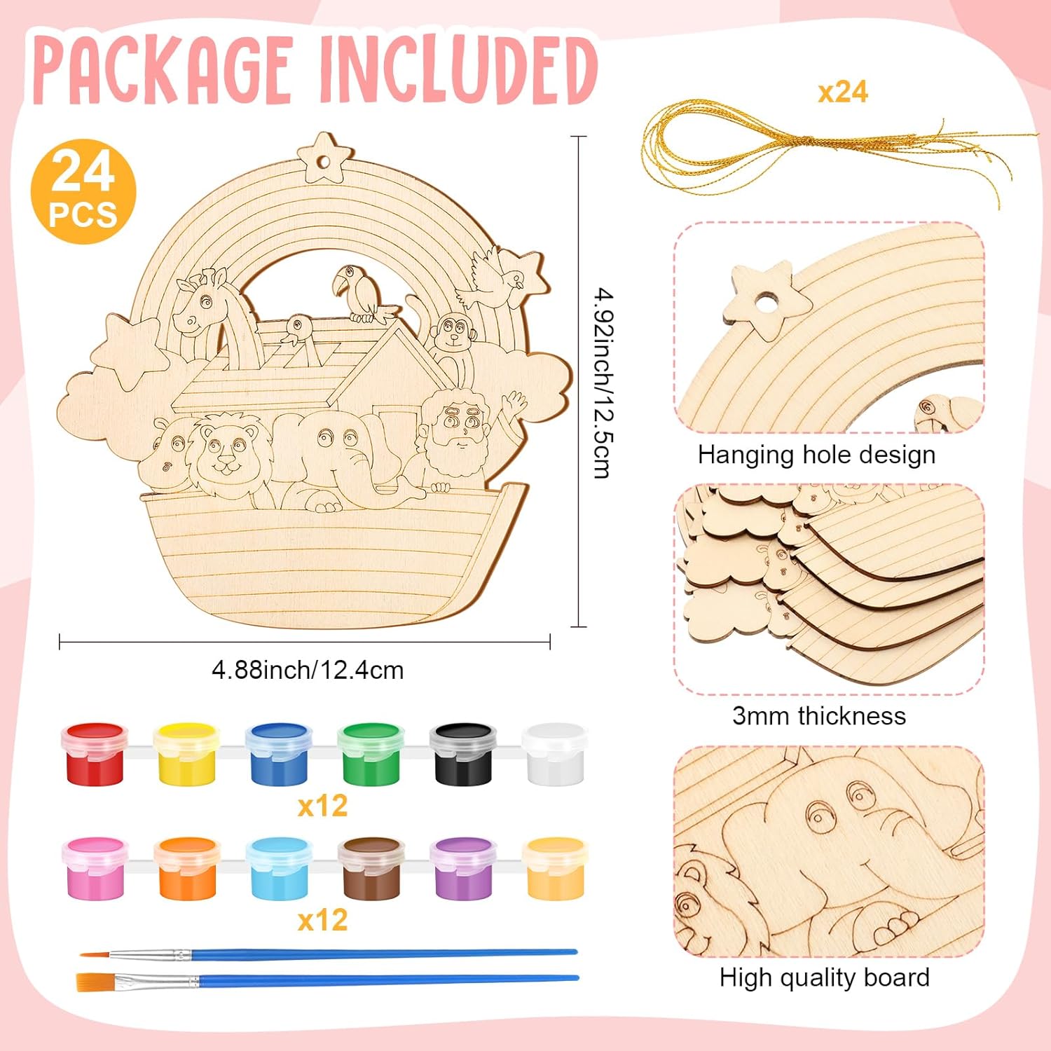 RoundFunny 24 Set Wooden Noah's Ark Craft Toys Unfinished Wooden Noah's Ark Ornaments Color Your Own Animal DIY Craft Project Decorations for VBS Bible Sunday School Classroom Crafts Activities
