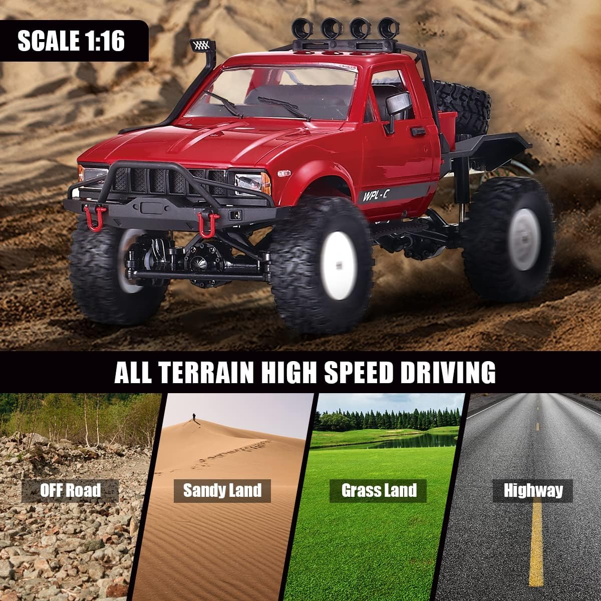 RC Crawler 1/16 Scale RC Rock Crawler, WPL C14 All Terrain RC Car RTR 4x4 Off-Road Remote Control Trucks with LED Lights and Two Batteries for Kids and Adults