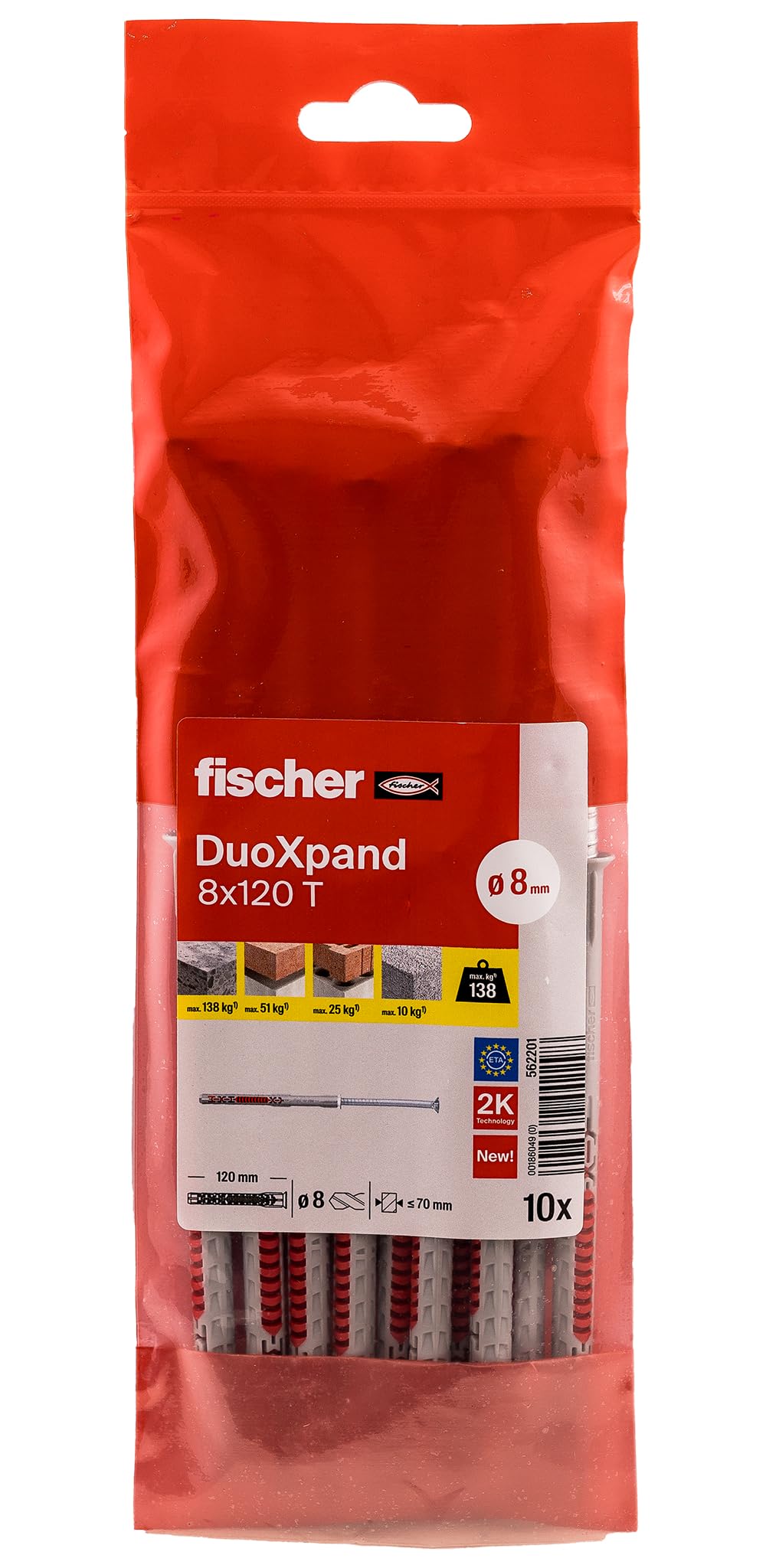 fischer DuoXpand 8 x 120 T, High Quality Universal Dowel with Galvanised Countersunk Screw (Pack of 10), Dowels for Strong Hold, Ideal for Porous Building Materials & Close to Edge Anchors