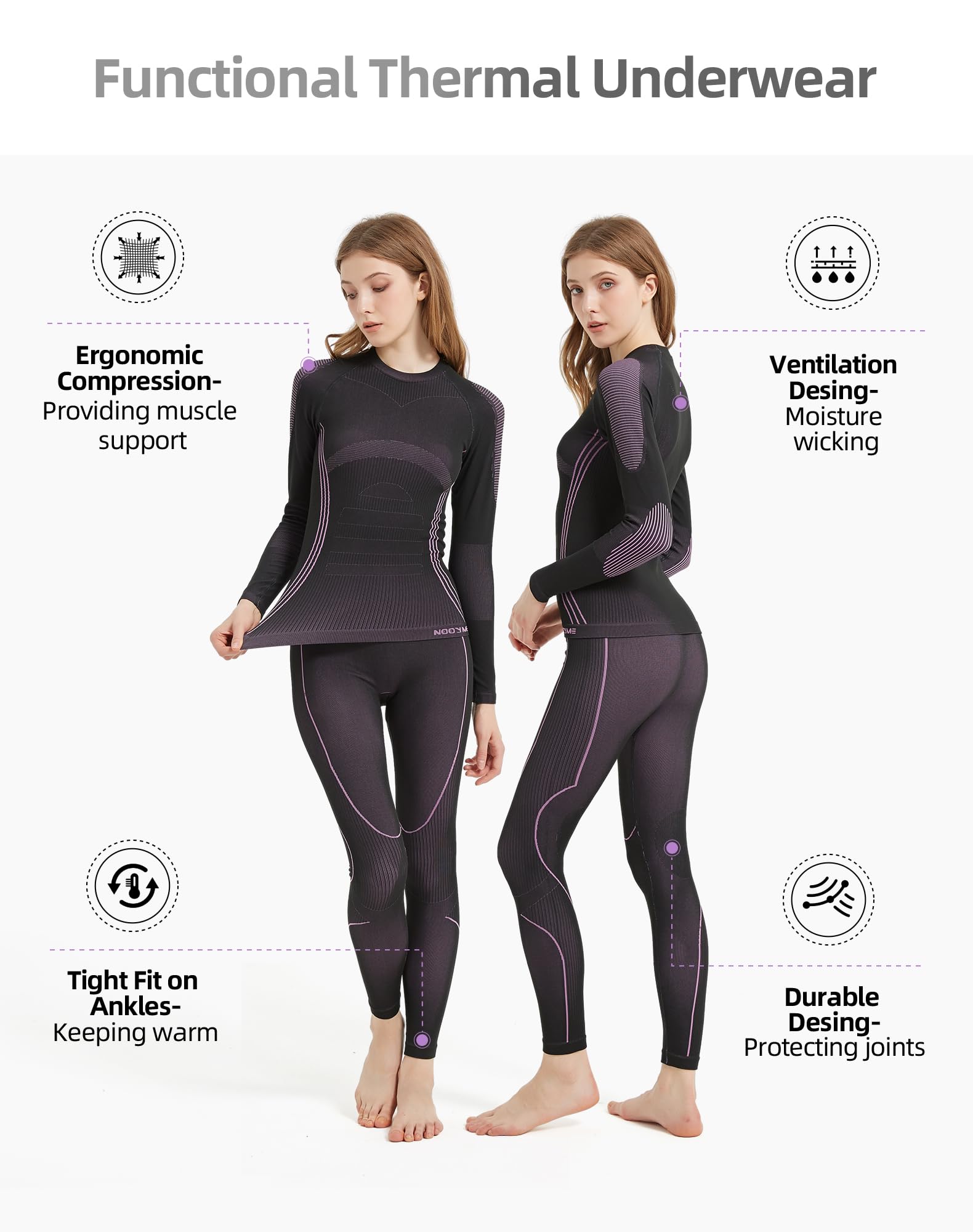 NOOYME Intimo Termico Donna Biancheria Intima Termica Funzionale Donna Pantaloni e Maglia Termica Traspirante Asciugatura Rapida per Sci Corsa Palestra