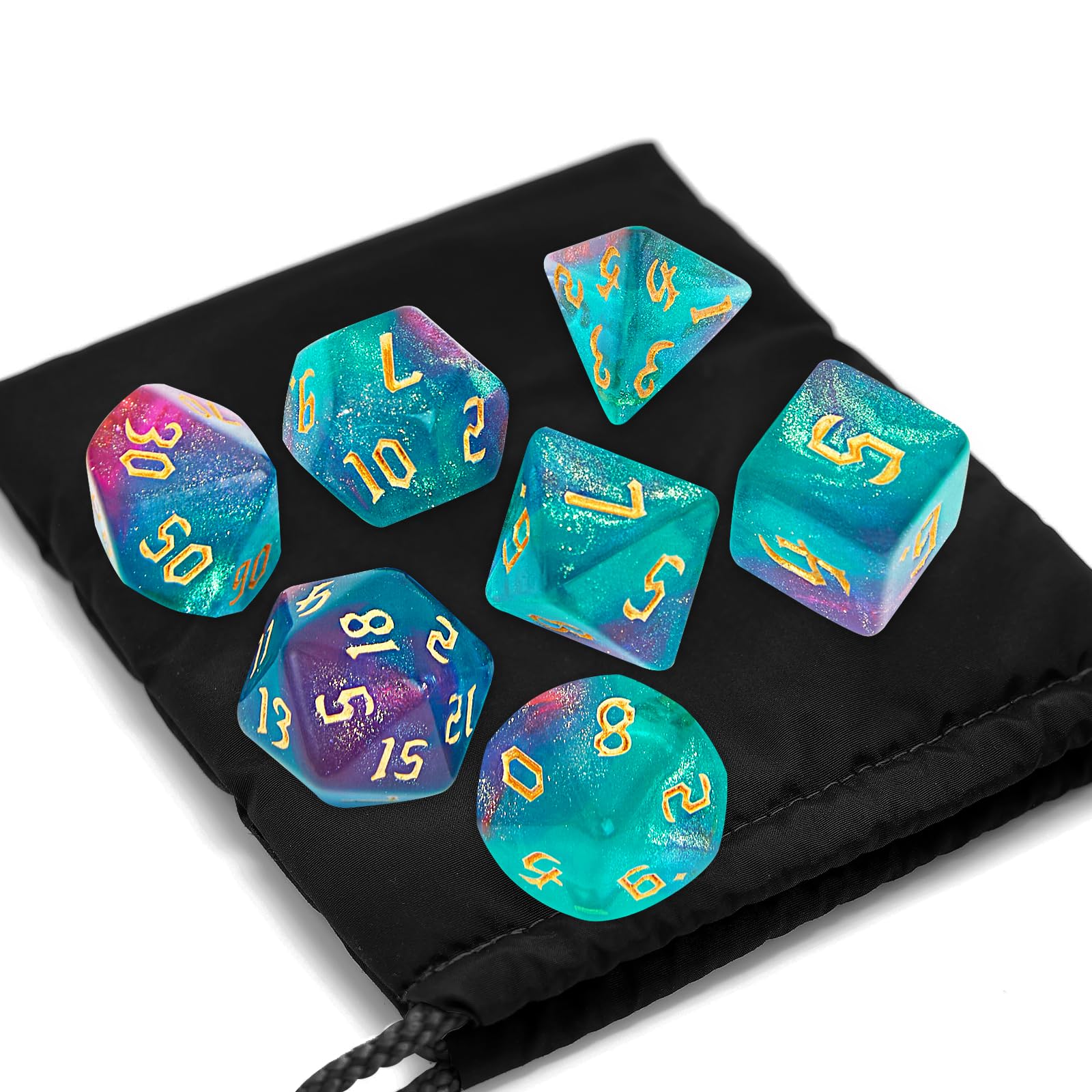 DND Lot de 7 dés polyédriques avec sac à dés noir pour jeux de rôle D&D, RPG, MTG, jeux de table, dés polyédriques pour jeux de Donjons et Dragons (vert et violet + dés nébuleuses)