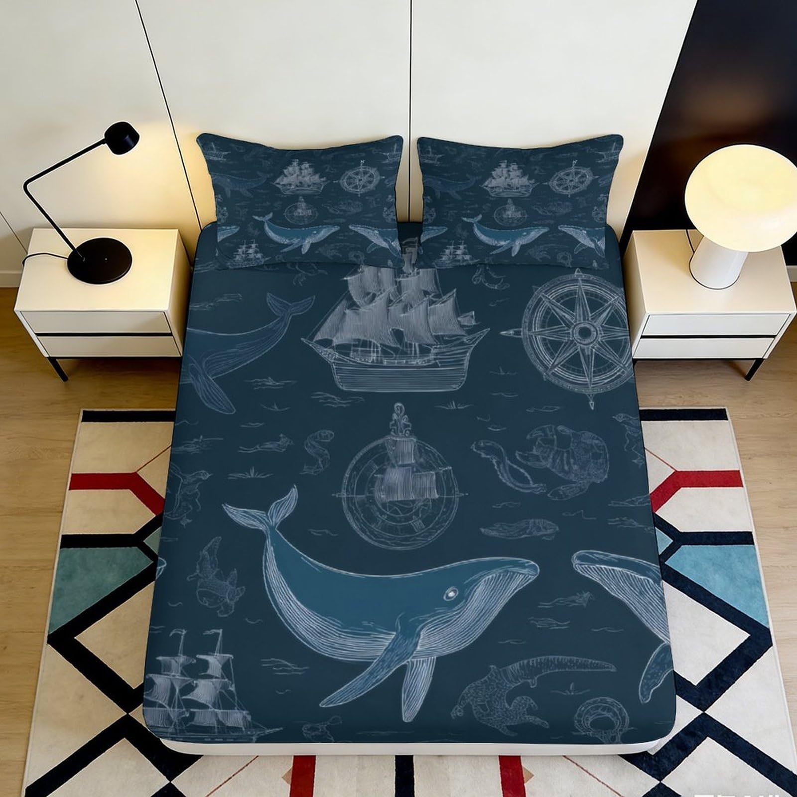 3D Printed Nautical Whale Fitted Sheet Microfiber Soft Durable Marine Ship Bed Cover for Bedroom Dormitory Guest Room Mattress Protection Decor 160x200x25cm