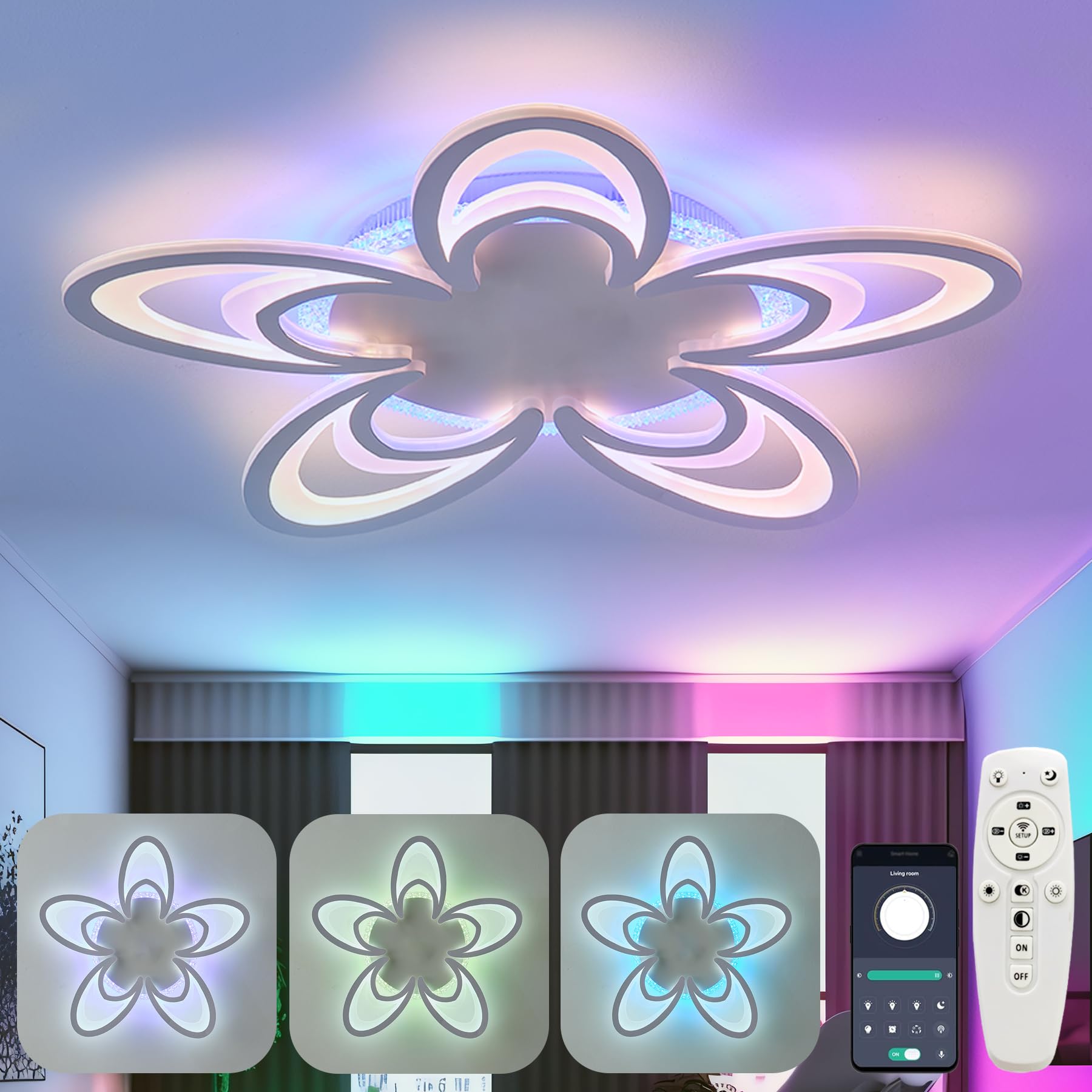 Rgb Ceiling Light With Built-In Speaker Sound Bedroom Ceiling Lamp Living Room LED Dimmable Ceiling Lighting With Remote Control Memory Function Modern Flower Ceiling Lights With APP Smart White Lamps