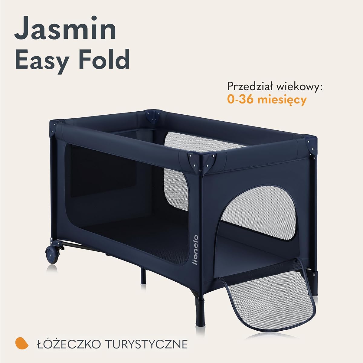 LIONELO Jasmin Easy Fold Łóżeczko Turystyczne Dziecięce do 15 kg od 0 do 36 miesięcy Piankowy Materac T25, 2 Poziomy Wysokości, Szybkie Składanie Easy Fold, Boczne Wejście, Kółka (Niebieski)