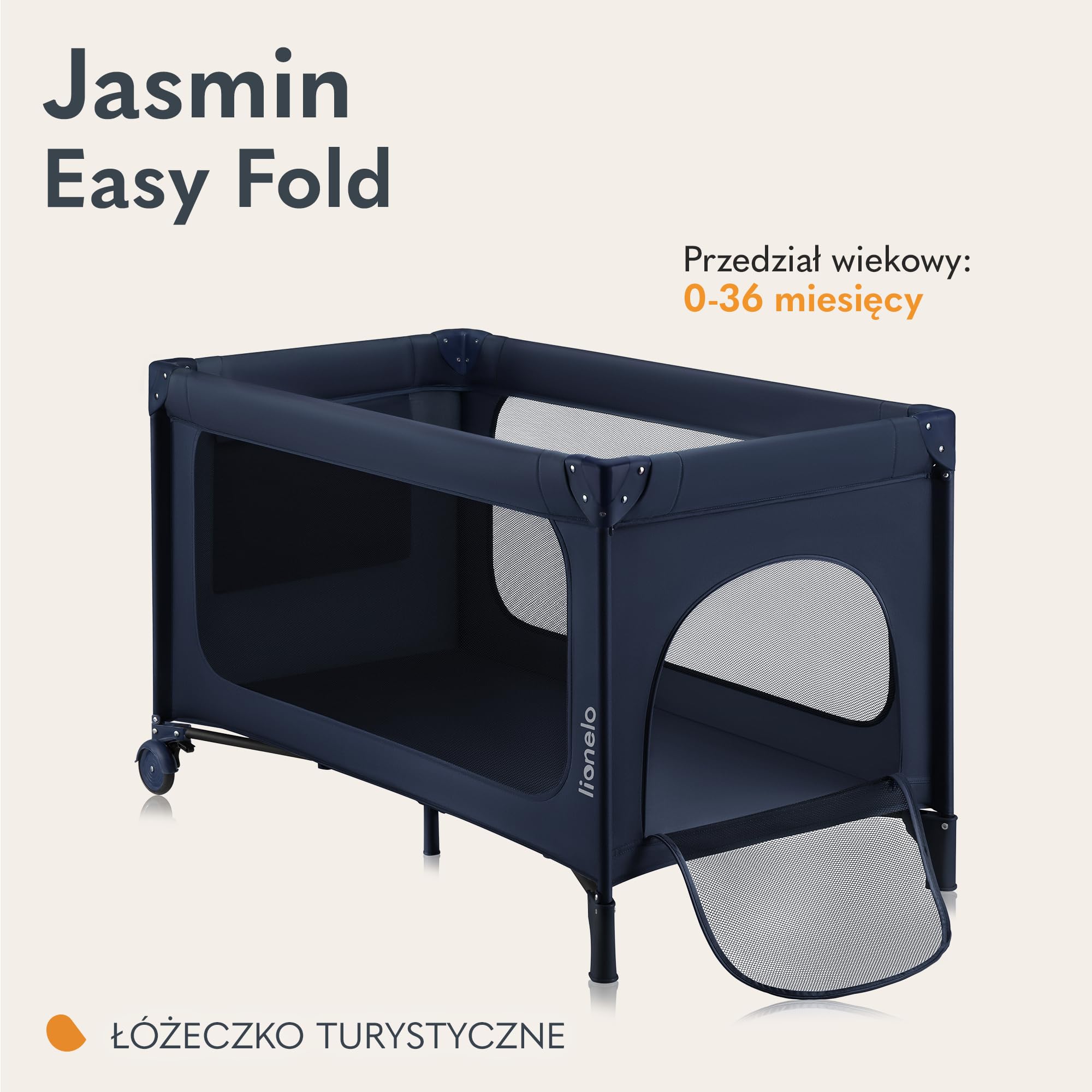 LIONELO Jasmin Easy Fold Łóżeczko Turystyczne Dziecięce do 15 kg od 0 do 36 miesięcy Piankowy Materac T25, 2 Poziomy Wysokości, Szybkie Składanie Easy Fold, Boczne Wejście, Kółka (Niebieski)