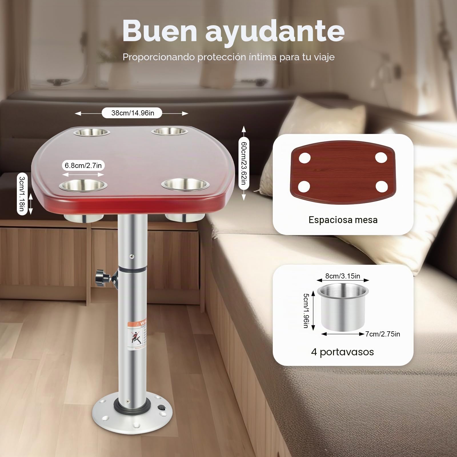 MccoMMon Mesa plegable de roble de 22 a 28 pulgadas, mesa telescópica para barco, con 4 soportes para bebidas y pedestal, para caravanas