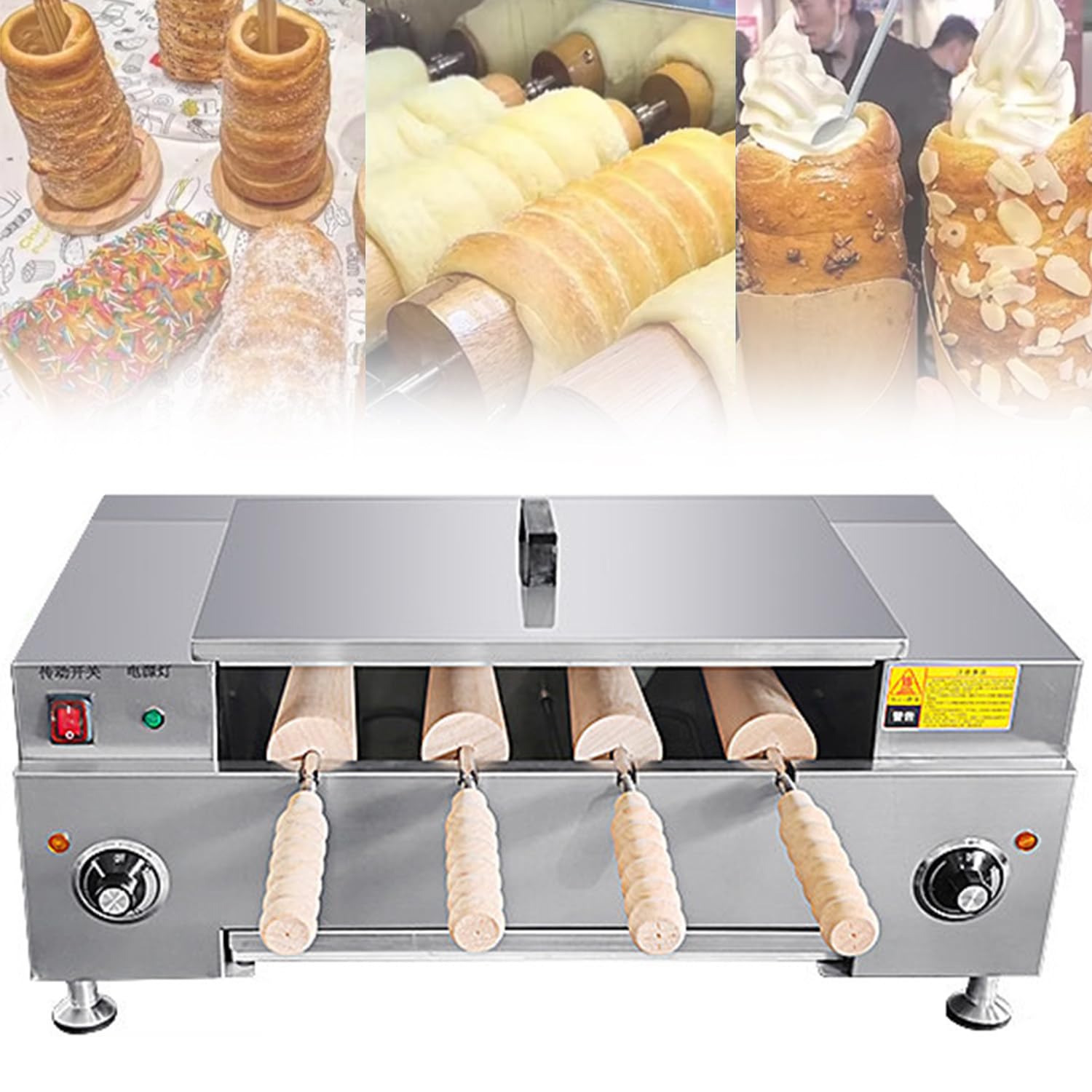 Qiang Electric Chimney Cake & Bread Roll Oven, Ice Cream Cone Maker, High Power Non-Stick Rollers, Knob Control, for Bakery & Dessert Shop 4pcs
