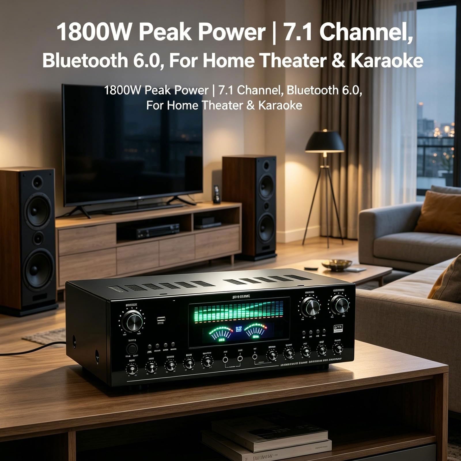 Récepteur stéréo d'amplificateur Audio Domestique 1800 W 7.1 canaux, amplificateur Bluetooth 6.0, entrée Optique/coaxiale/USB, entrées Micro, karaoké, for Haut-parleurs de cinéma Maison(A)