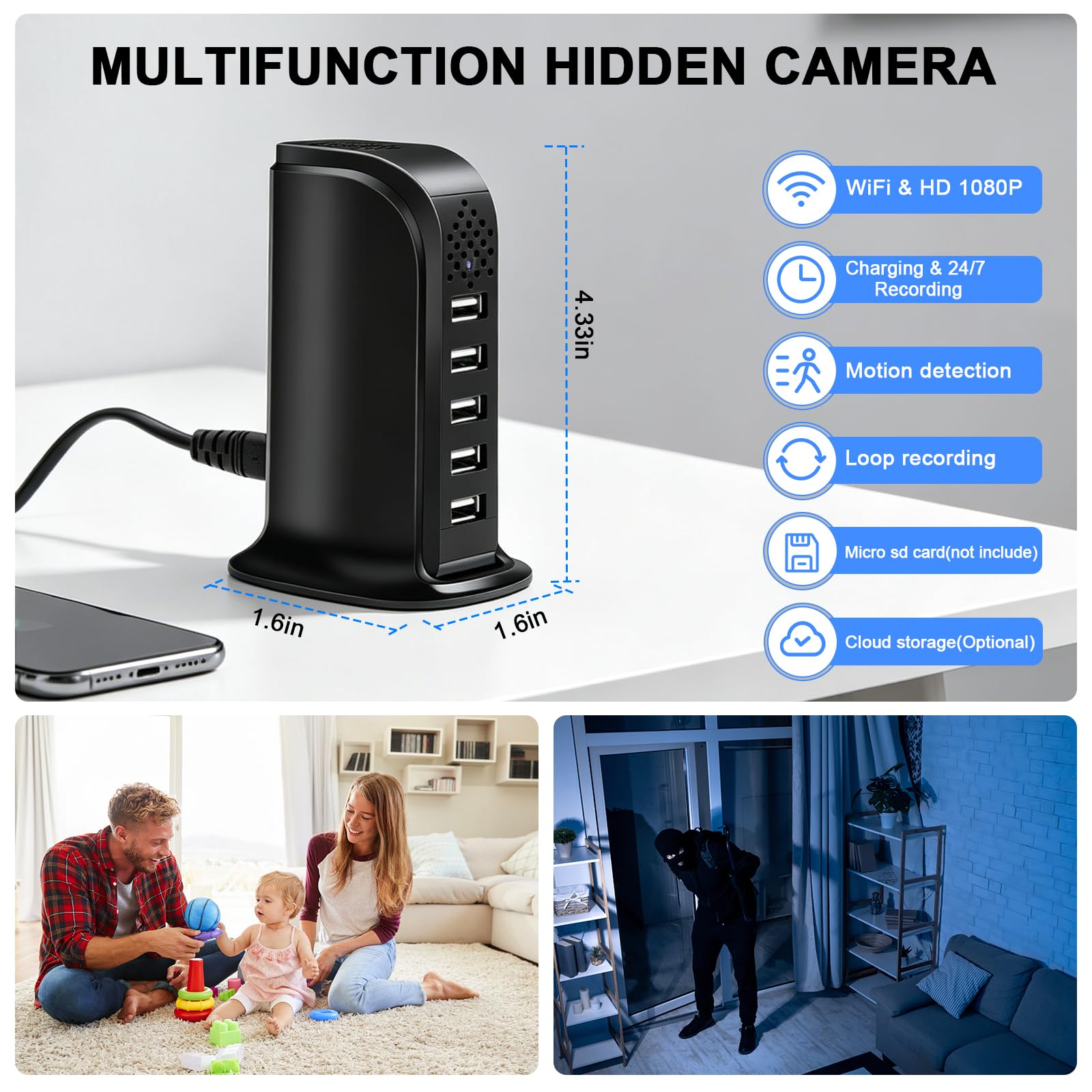 Ukryta kamera Wi-Fi 5G, 5-portowa ładowarka USB z ukrytą kamerą, mini kamera szpiegowska Wi-Fi HD 1080P, ukryta mini kamera WiFi USB z wykrywaniem ruchu i nagrywaniem w pętli